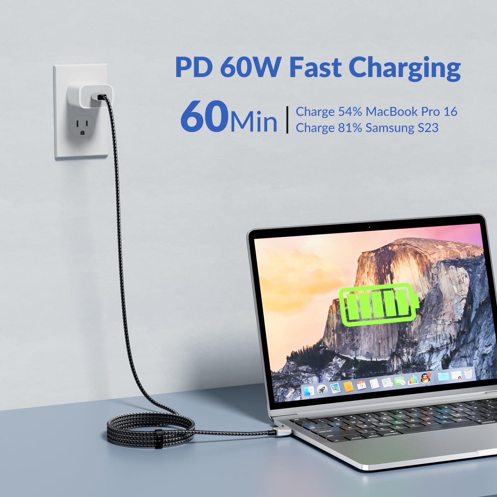 60W 3-Pack Nylon Braided USB-C Fast Charging Cable (10ft+6.6ft+3.3ft) for MacBook Pro/Air, Lenovo, HP, Dell, Asus, Samsung, Acer, Pixel, Nintendo Switch & Smartphones - Perfect for Home, Office & Travel Charging