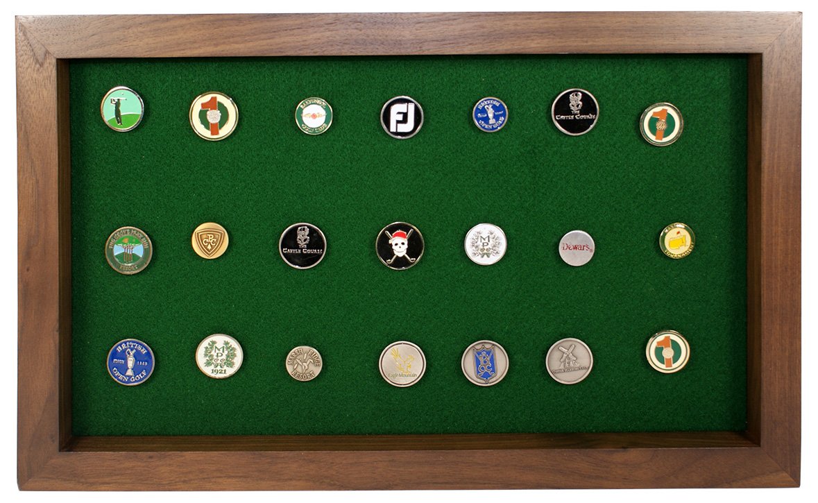 Premium Walnut Golf Ball Marker Display Case - Holds 40 Pegged or Flat Ball Markers - Wall Mounted Wooden Case (15.5