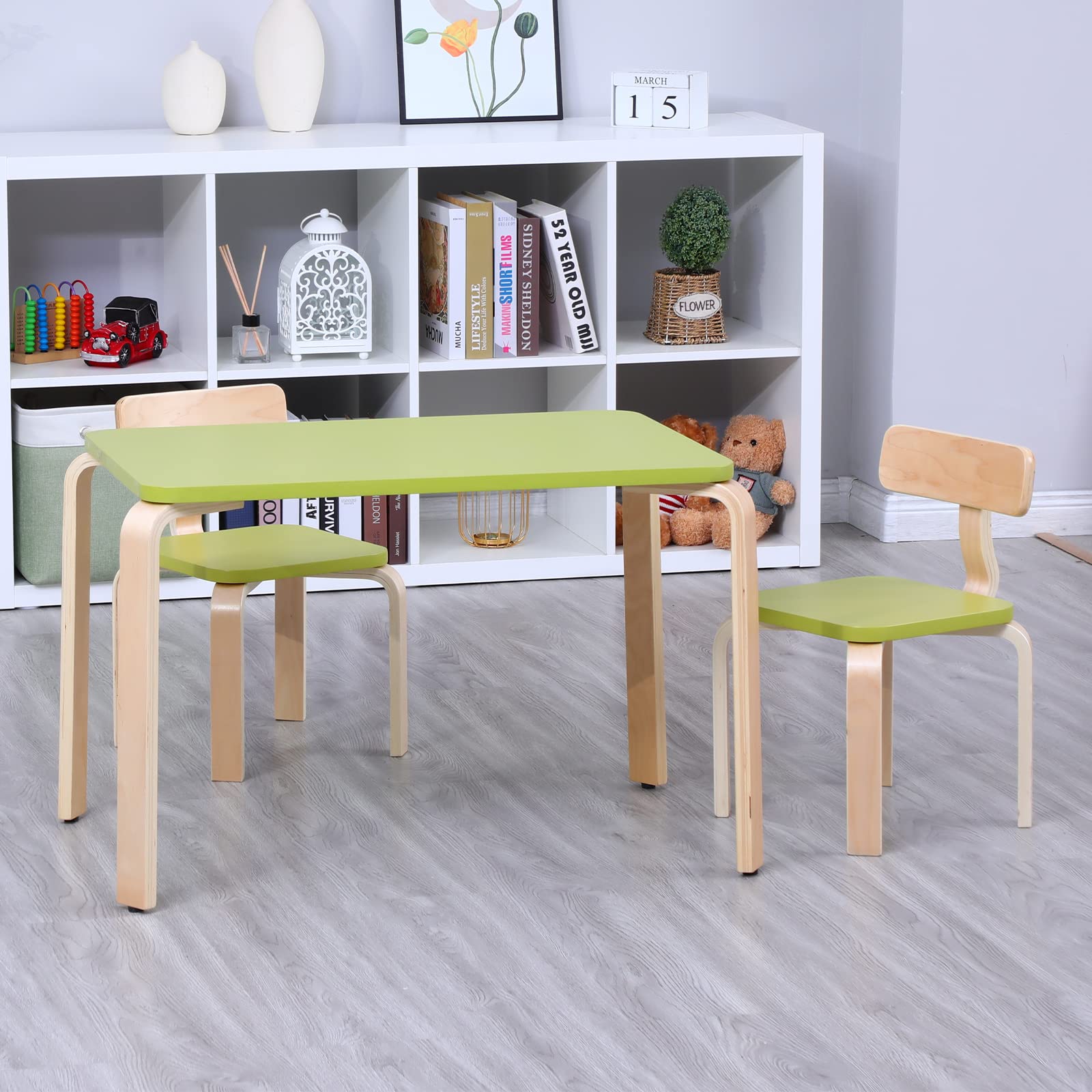 LERIYOU Kids Wooden Square Table and 2 Chairs Set - Durable Children's Furniture for Arts & Crafts, Snack Time, Learning & Play - Perfect for Playrooms, Daycares & Home Use (Green)