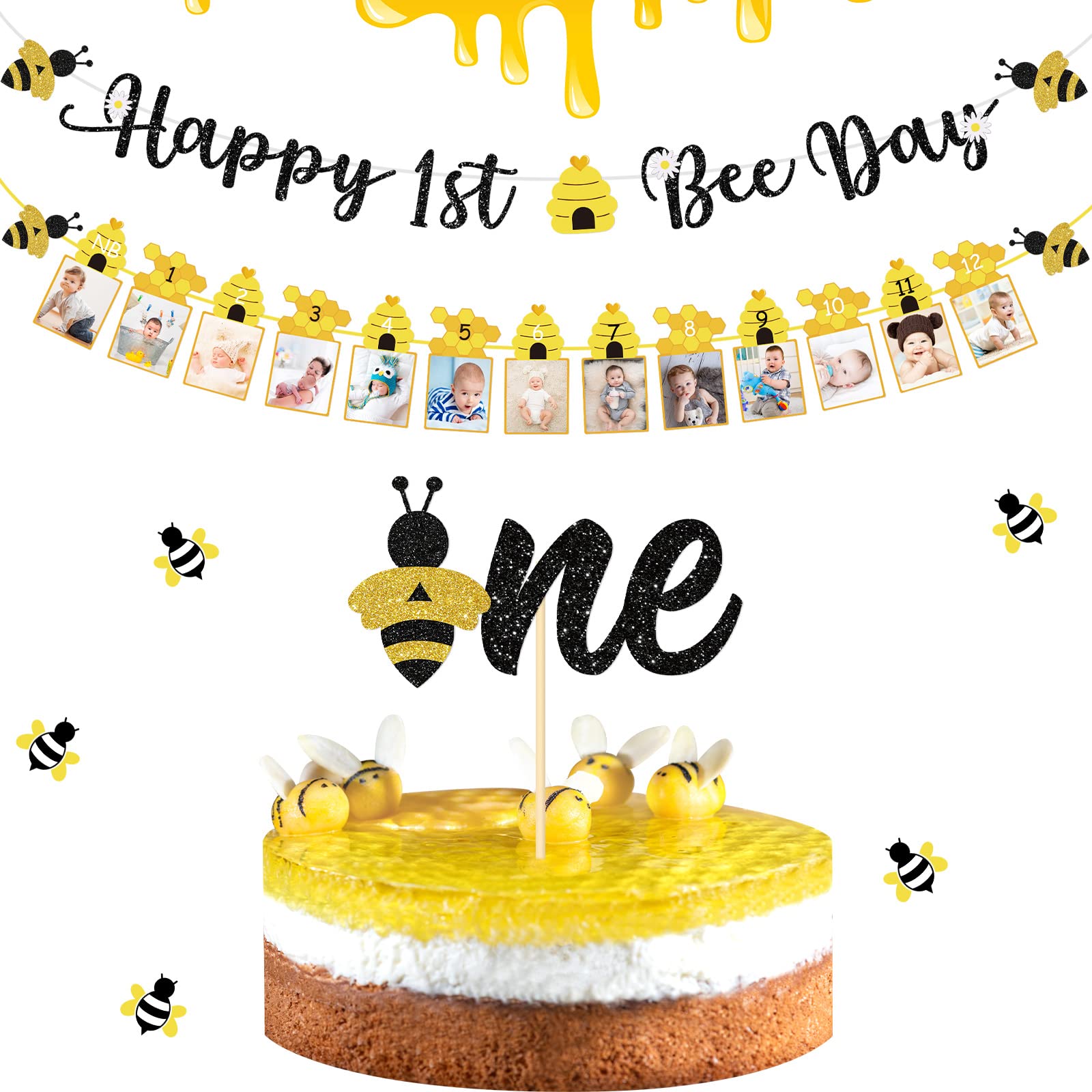 3 Pcs Happy 1st Bee Day Party Decorations - Bumble Honey Bee Birthday Banner, Cake Topper & Photo Props for Baby Boys Girls Newborn | Bee-Themed 1st Birthday Party Supplies for Cake Decor & Nursery Decor