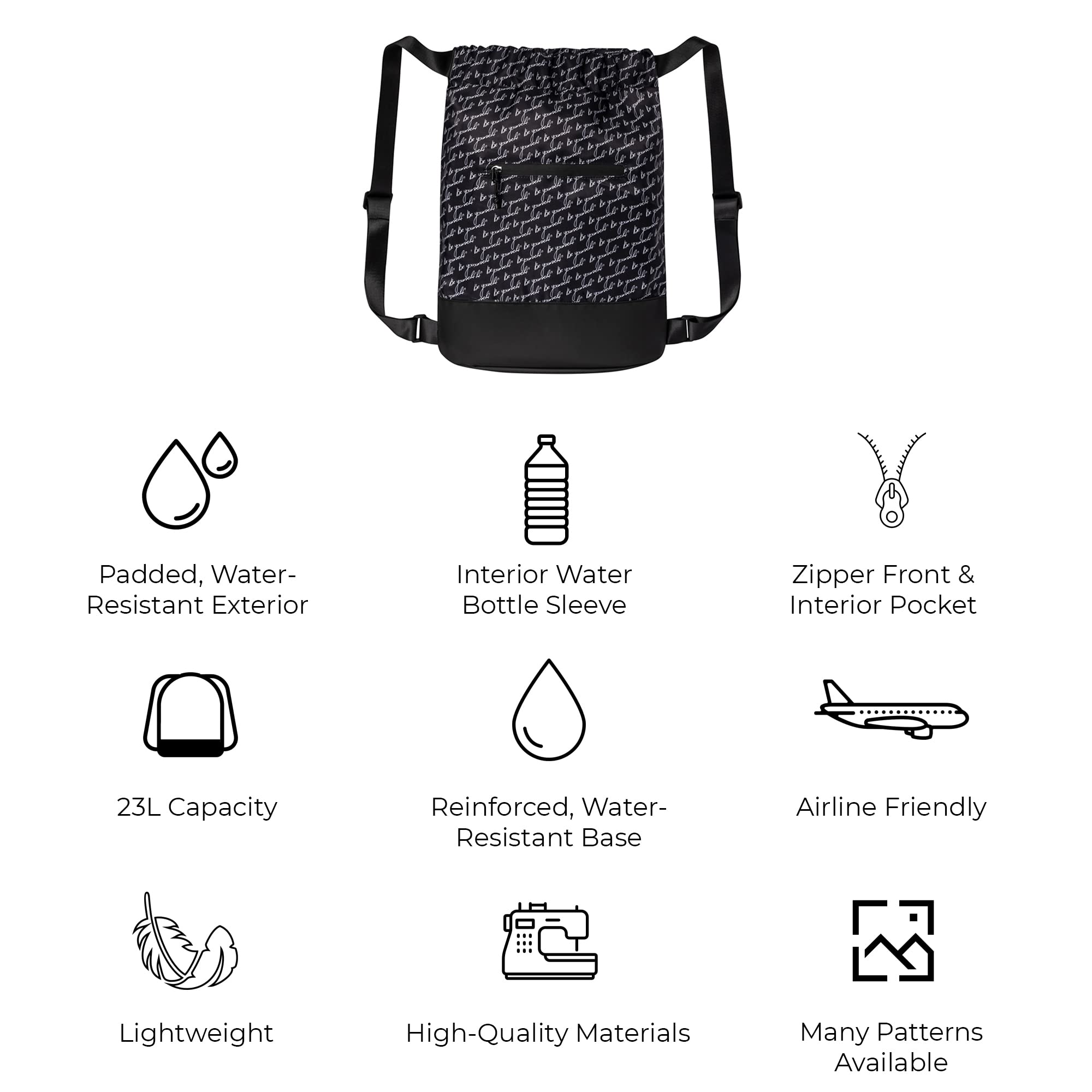 Stylish Women's Flex Cinch Drawstring Gym Bag with Trendy Graphic Designs | Durable Lightweight Sports Sack for Workout, Travel & Overnight Trips | Black/White 'Be Yourself' Pattern | Perfect for Yoga Class, Beach Day & Weekend Getaways