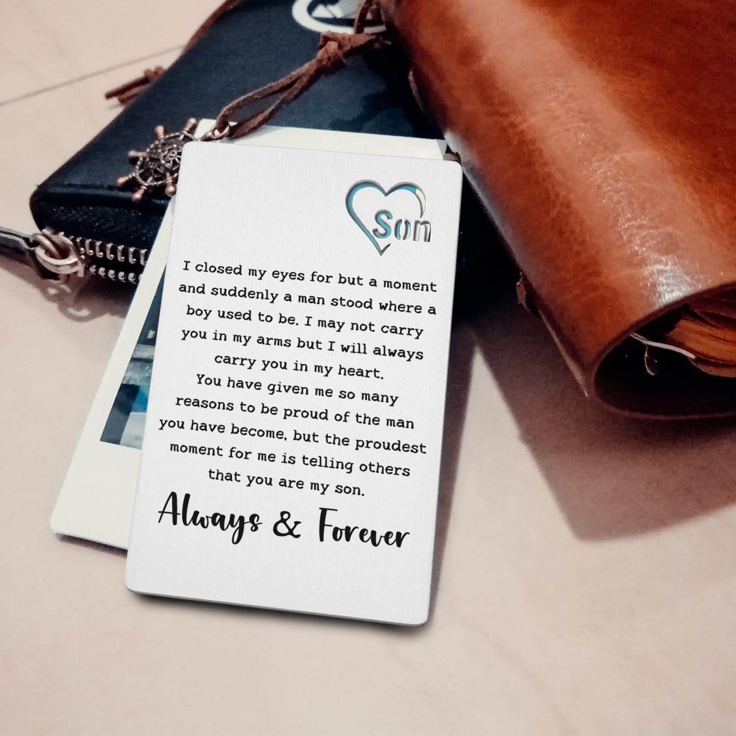 TRCENDE Personalized Metal Card for Son - Engraved Gift from Mom and Dad - Perfect for Graduation, Birthday, Christmas & Deployment - Heartfelt Keepsake for College, Military & Special Occasions