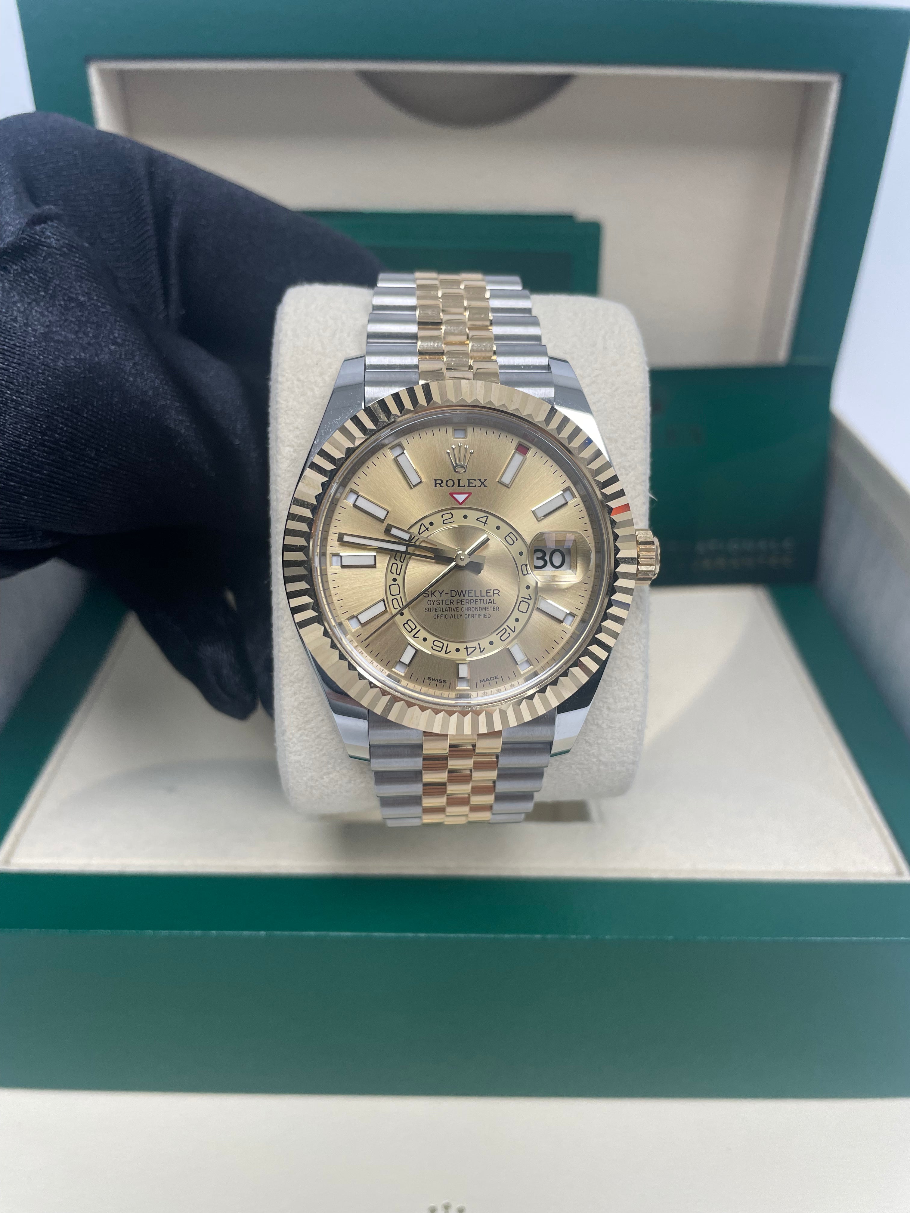 Rolex Sky-Dweller Two-Tone Stainless Steel & Yellow Gold Watch with Champagne Index Dial and Jubilee Bracelet (Ref# 326933) - Luxury Timepiece for Business Travelers and Watch Collectors