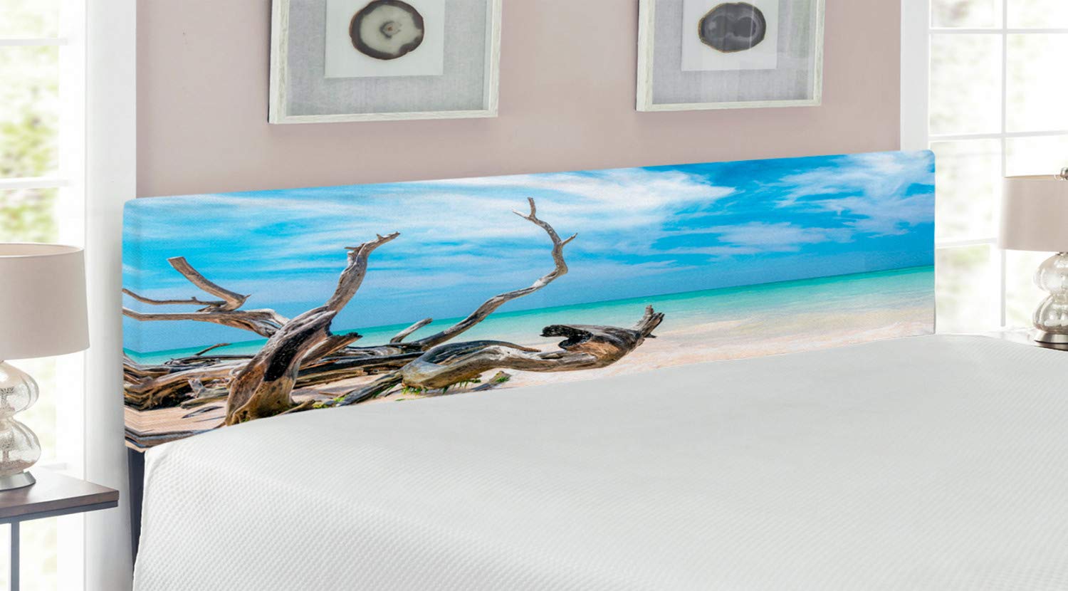 Ambesonne Driftwood Upholstered King Size Headboard - Seascape Theme with Sandy Beach & Sky Image, Decorative Metal Bed Frame with Memory Foam in Turquoise Blue | Perfect for Coastal & Beach-Themed Bedrooms, Guest Rooms & Vacation Homes