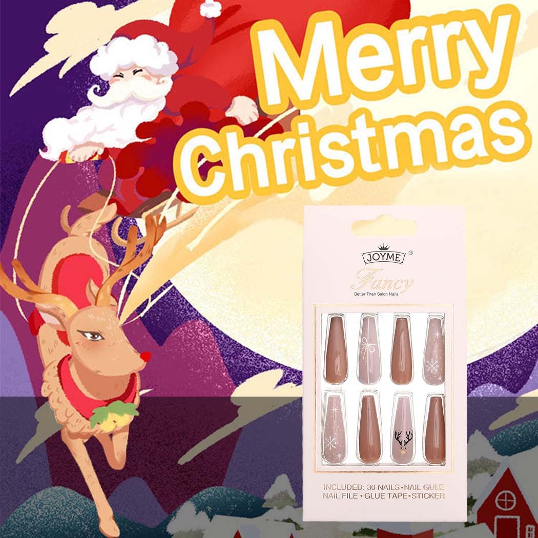 Extra Long Press on Nails - Christmas Snowflake Red Elk Ballerina Glossy Acrylic Fake Nails for Women | 30PCS Full Cover False Nails Tips | Perfect for Holiday Parties, Gift Giving & Festive Nail Art