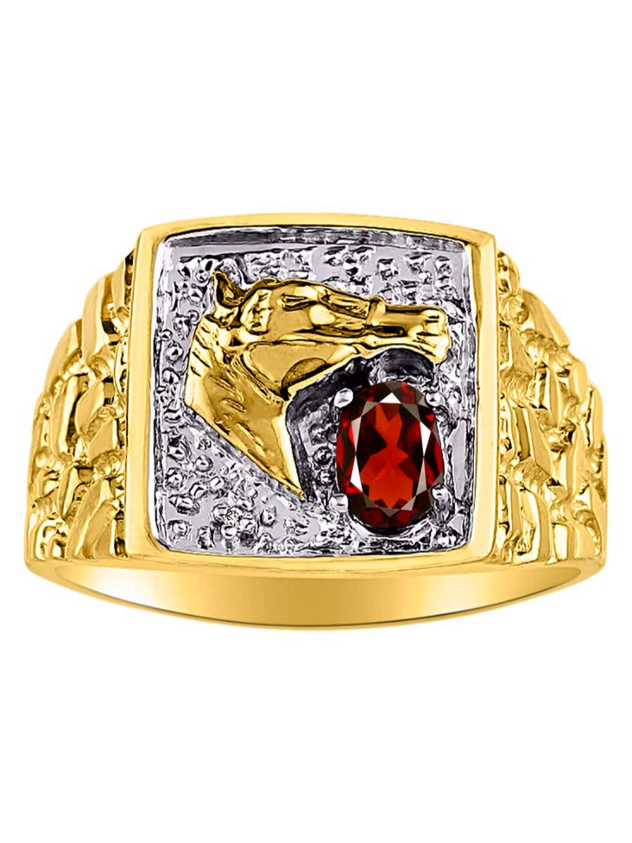 RYLOS Men's Gold Plated Silver Ring with Genuine Diamond & Garnet January Birthstone - Lucky Nugget Horse Head Design (6x4mm) - Size 8-13 - Perfect for Gifts, Weddings & Special Occasions