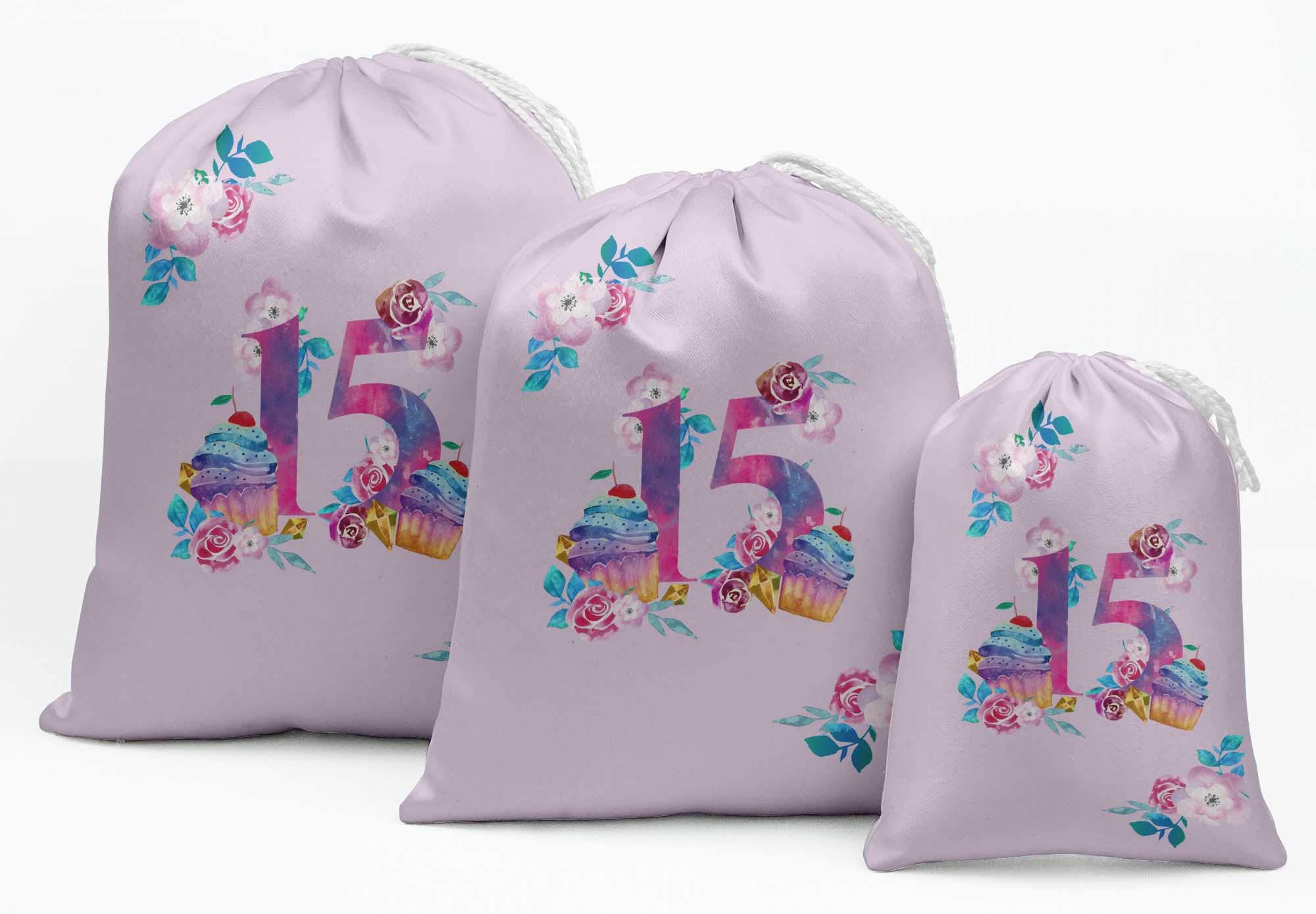 15-Piece Purple Floral Quinceañera Favor Bags | Elegant Party Gift Pouches for Sweet 15 Celebrations, Bridal Showers & Special Occasions
