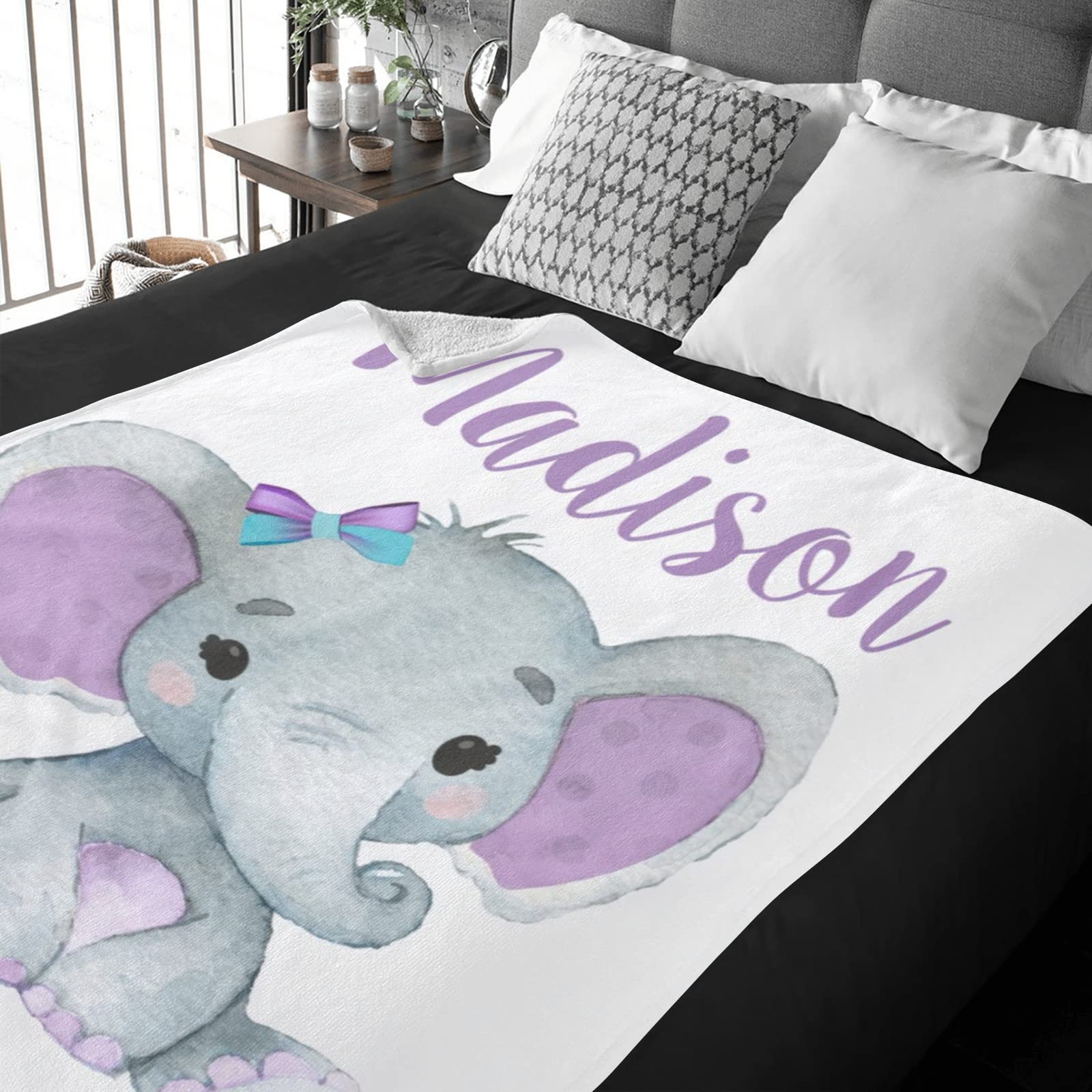 Personalized Baby Blankets for Girls with Name - Custom Embroidered Soft Flannel Receiving Blanket for Newborns (60x80 inches) - Perfect for Nursery, Christening Gifts & Photo Shoots - Purple Elephant Design