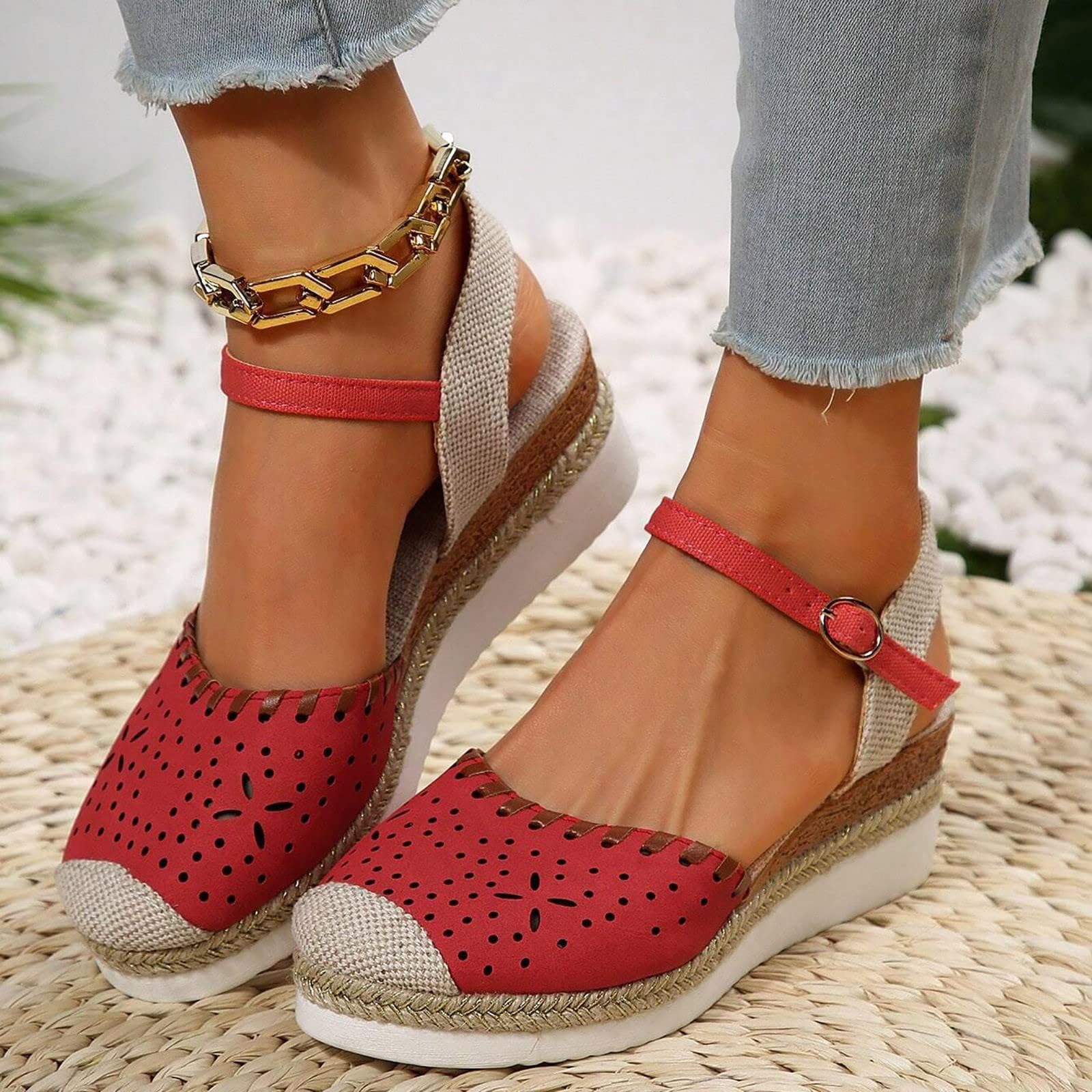 Women's Casual Summer Hollow-Out Wedge Sandals - Comfortable Open-Toe Beach Shoes for Walking, Travel & Outdoor Activities