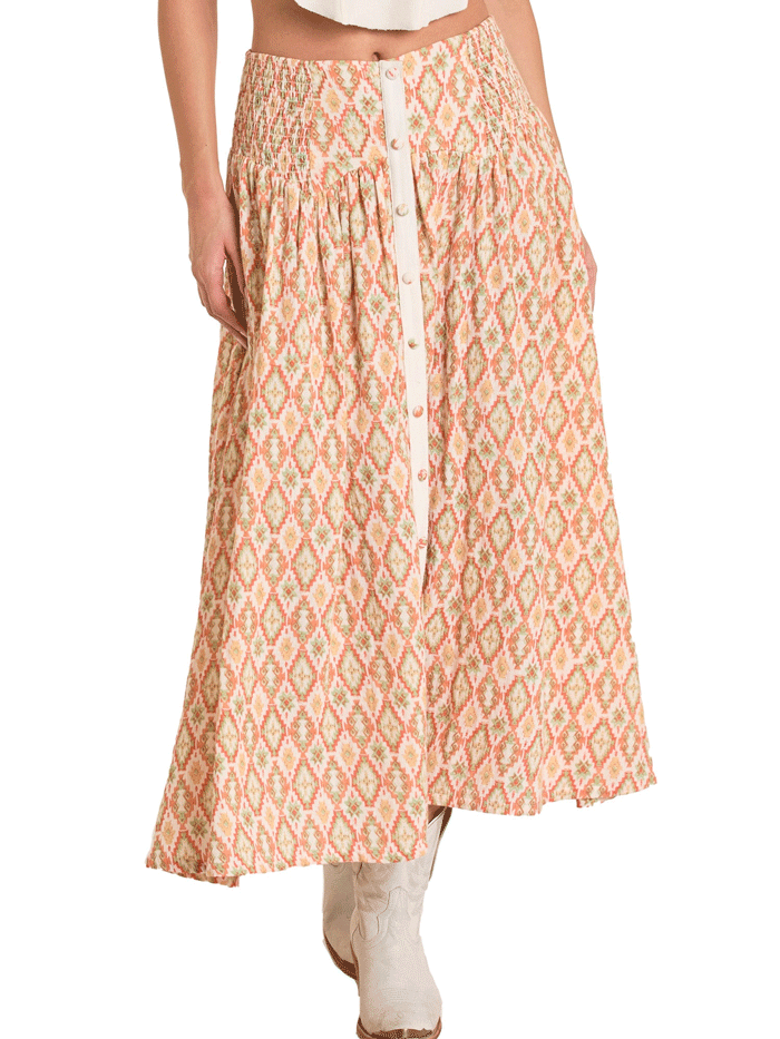 Rock & Roll Denim BW69B06275 Women's Aztec Print Maxi Skirt in Natural - Boho Chic Skirt for Music Festivals & Summer Outfits