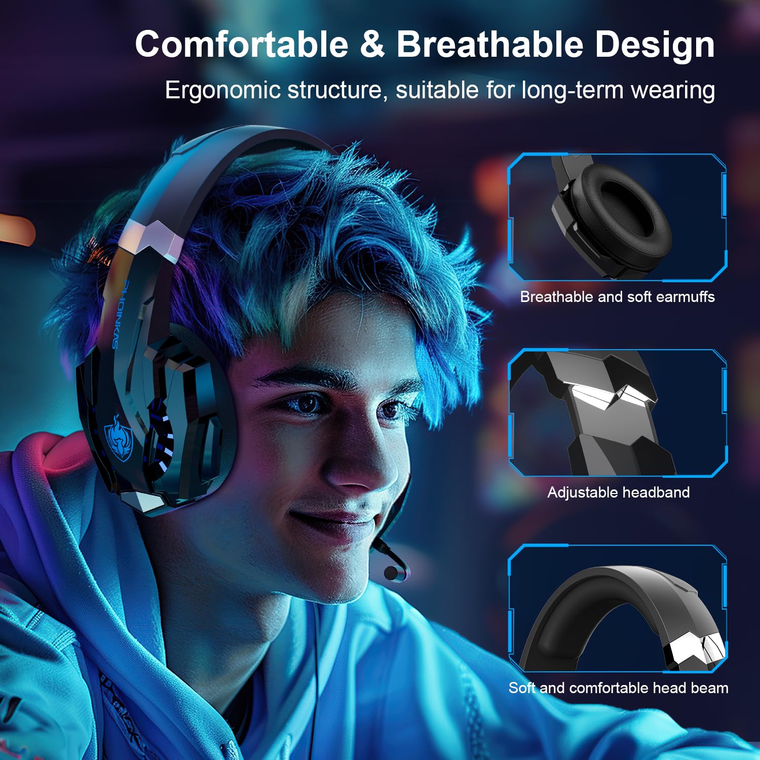 PHOINIKAS 2.4GHz Wireless Gaming Headset for PS5, PS4, PC, Nintendo Switch - Over Ear Headphones with Noise Cancelling Mic, 7.1 Surround Sound, 40+ Hour Battery Life (Blue) - Perfect for Competitive Gaming & Late Night Sessions