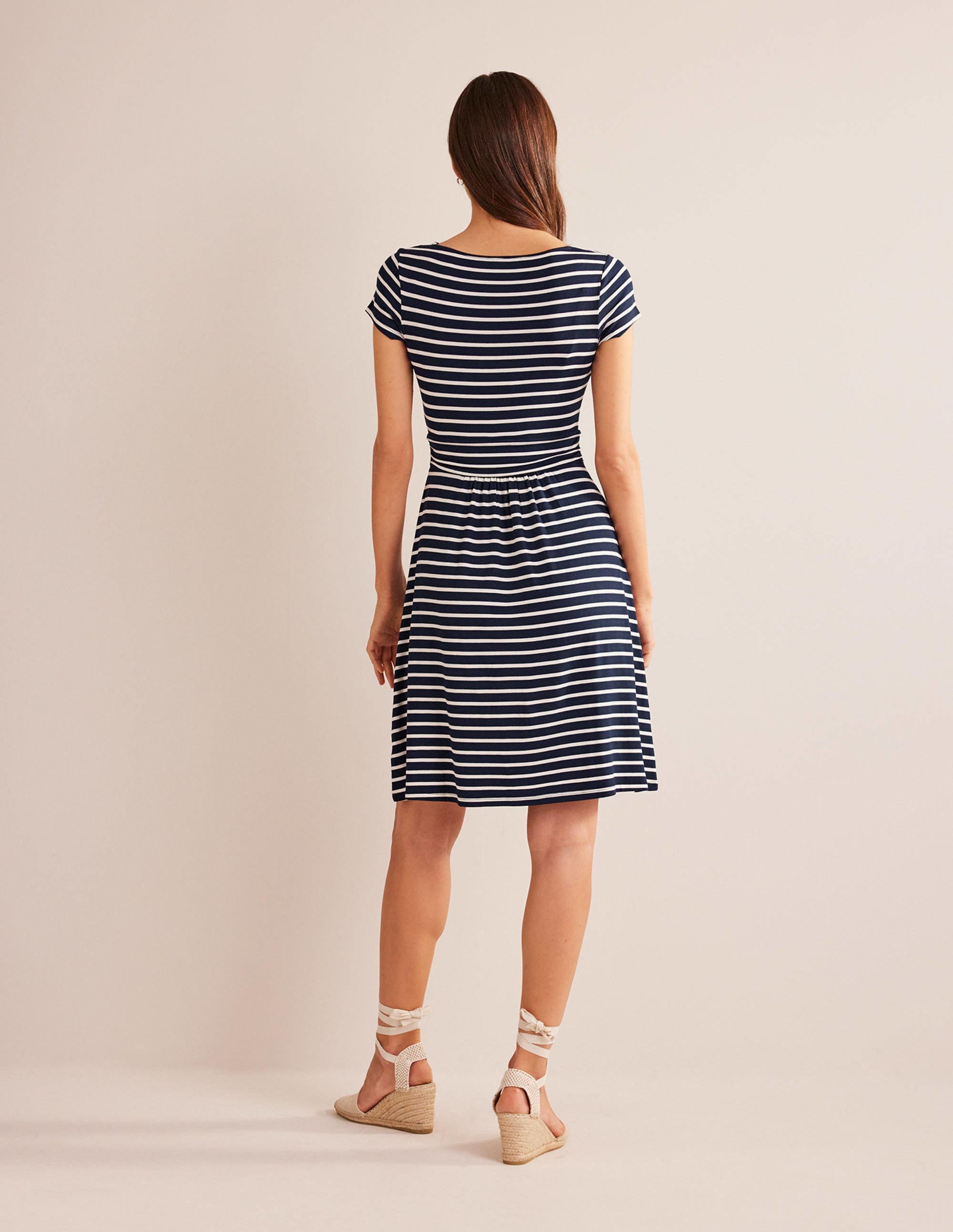 Amelie Women's Casual Jersey Dress - Navy & Ivory Striped, Comfortable Stretchy Knit Fabric, Perfect for Summer Outfits, Beachwear, and Everyday Wear