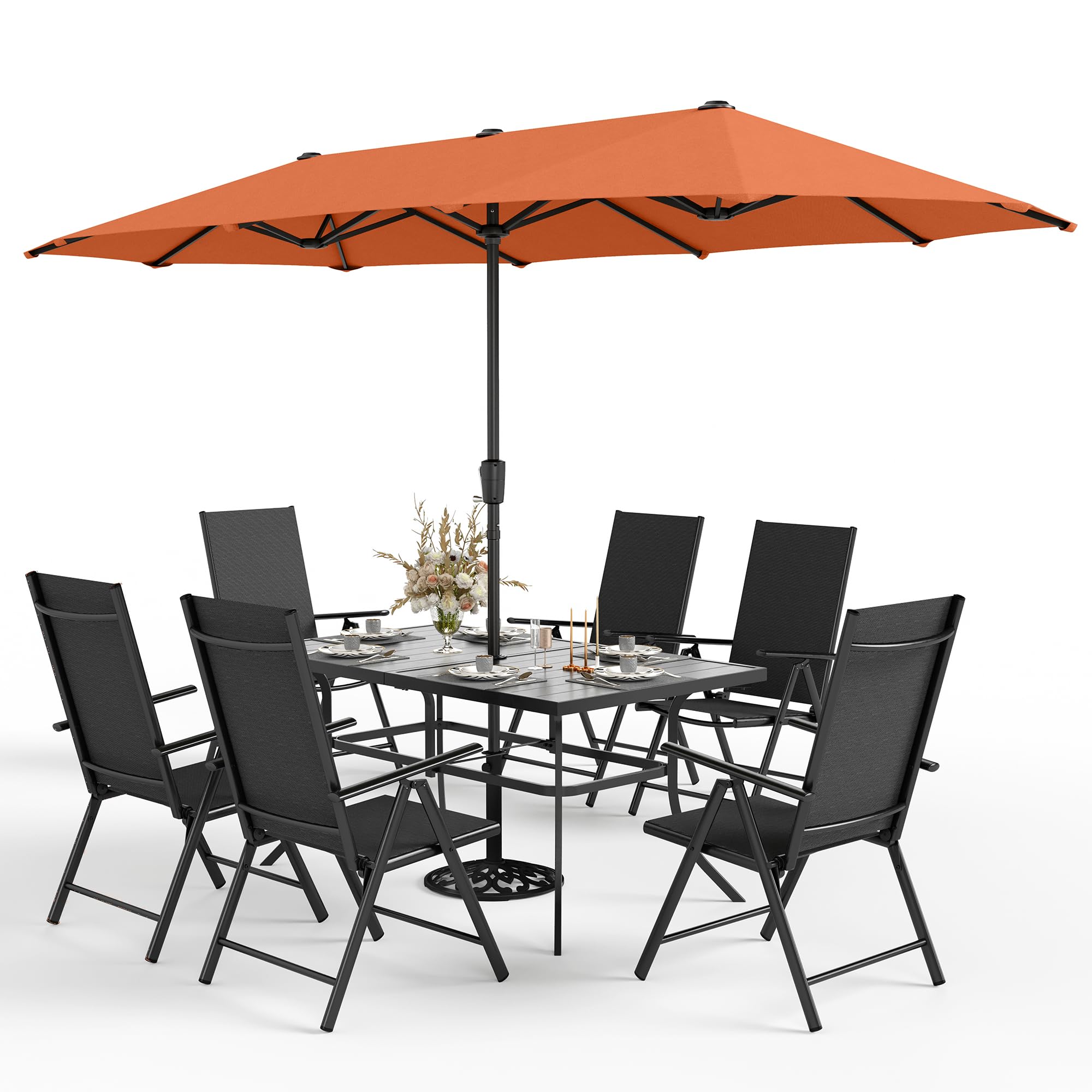7-Piece Outdoor Patio Dining Set with 13ft Red Umbrella - Folding Metal Table & 6 Sling Chairs for Backyard, Garden, Poolside or Deck - Black Rectangular Furniture Set