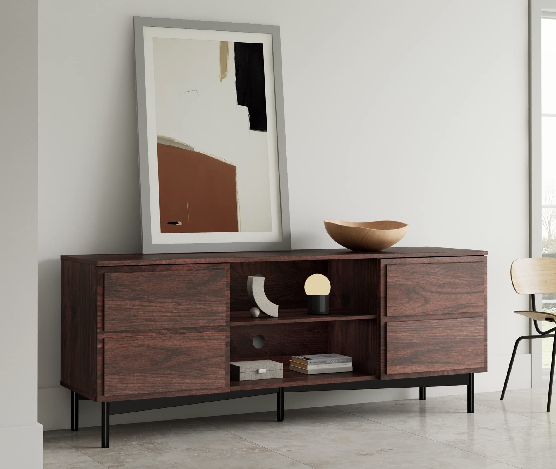 WAMPAT Mid-Century Modern TV Stand for TVs up to 65 Inches, Rustic Walnut Wood Entertainment Center with Storage Cabinet - Perfect for Living Room, Bedroom & Home Theater Setup