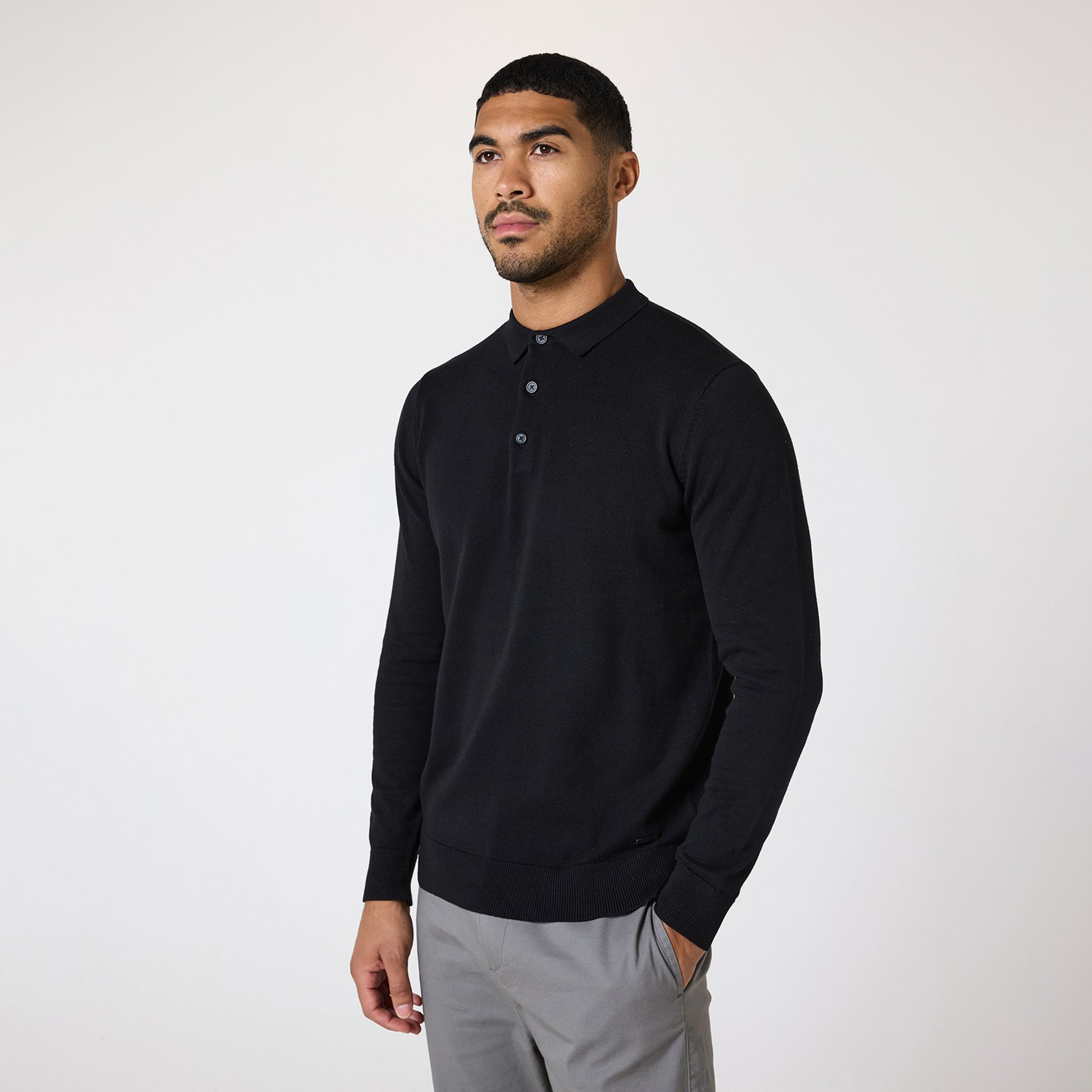 Men's Long Sleeve Knitted Polo Shirt - Soft Cotton Blend, Slim Fit, Black - Perfect for Business Casual, Office Wear & Fall Layering