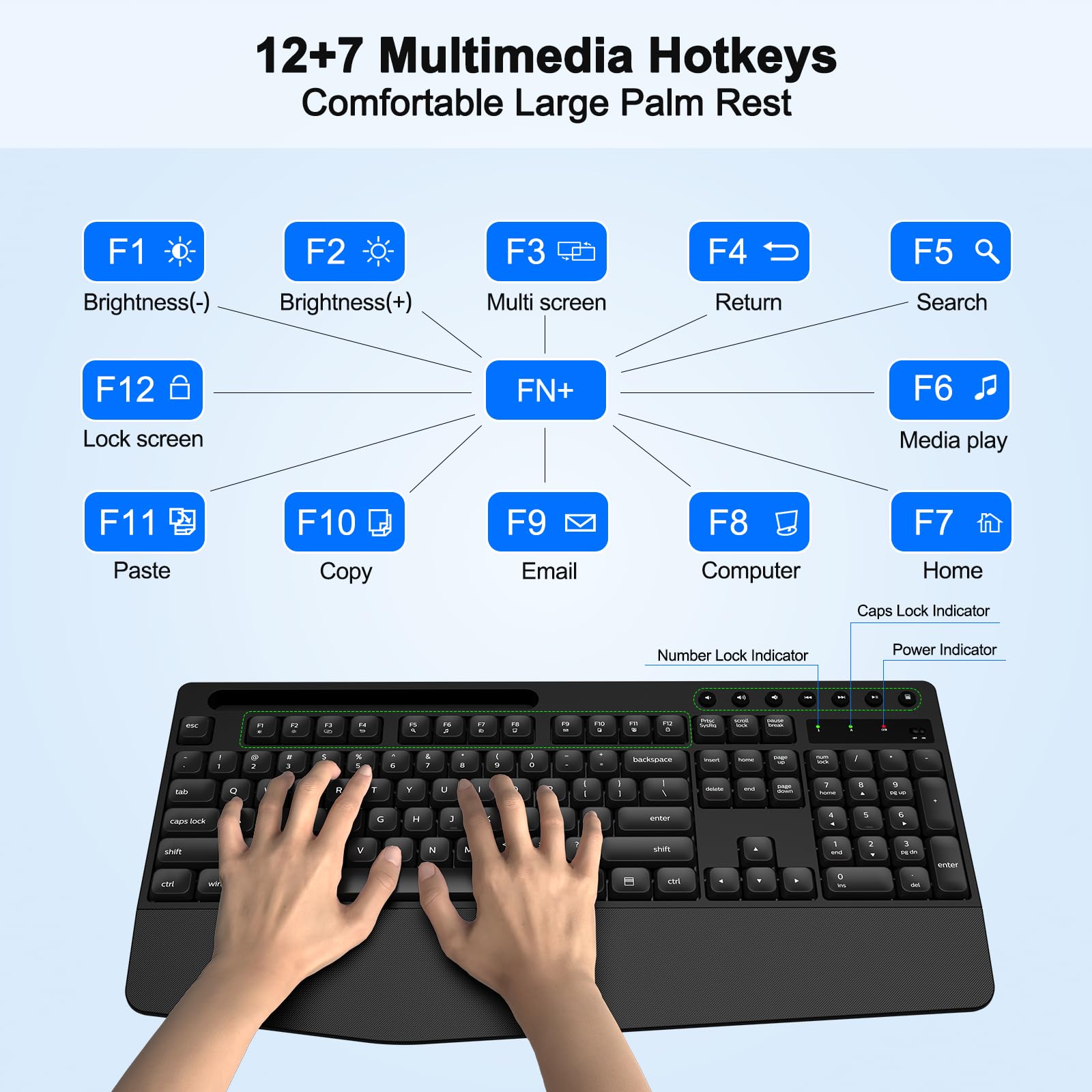 Ergonomic Wireless Keyboard and Mouse Combo with Palm Rest & Phone Holder - Full-Size Quiet Design for Comfortable Typing - Compatible with Windows, Mac, PC, Laptop (Black) - Perfect for Office Work, Gaming & Home Computing
