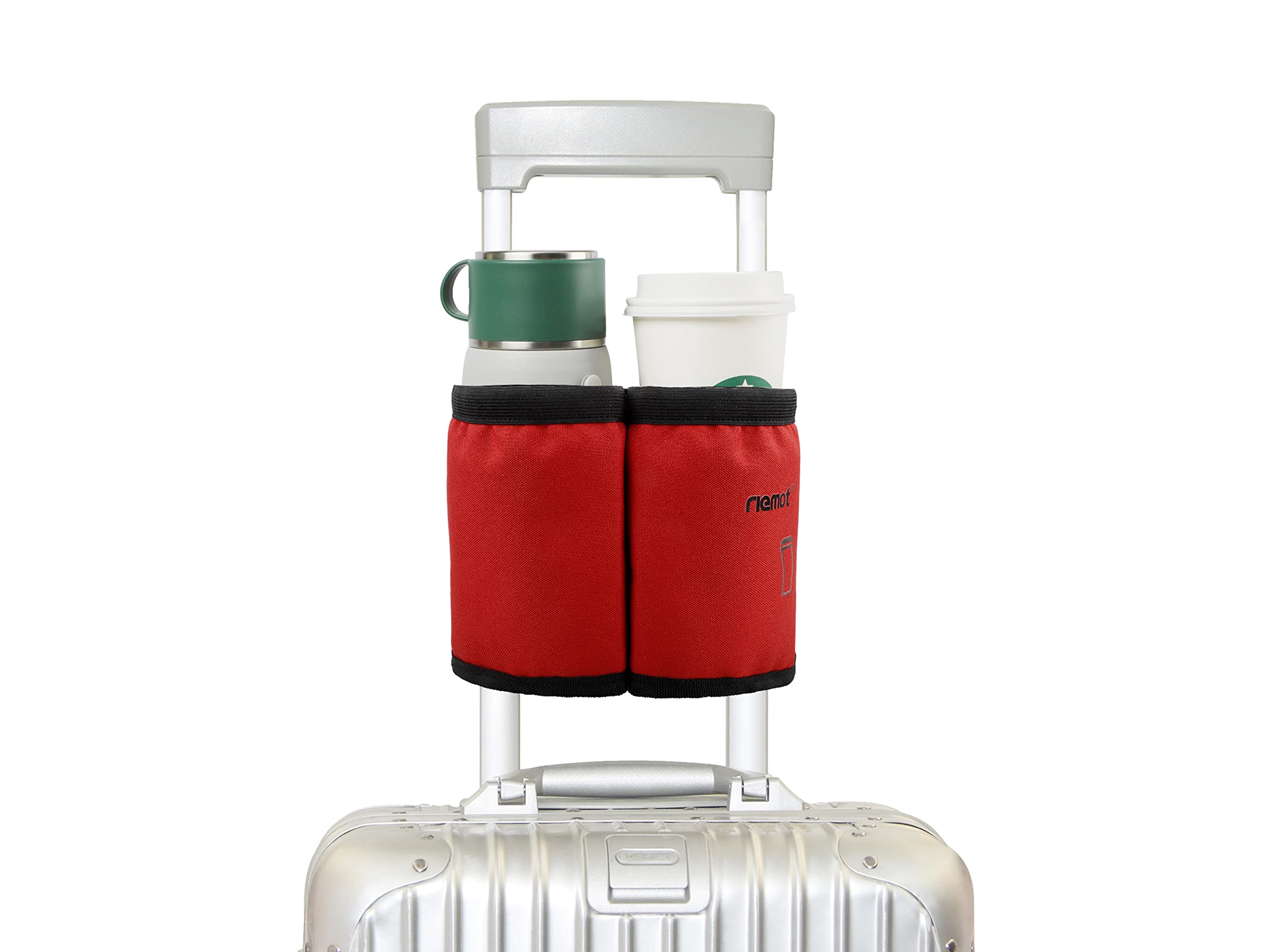 Riemot Travel Cup Holder - Leak-Proof 2 Coffee Mug Carrier for Suitcase Handles | Perfect for Flight Attendants & Travel Accessories | Use on Airplanes, Road Trips & Commuting (Red)