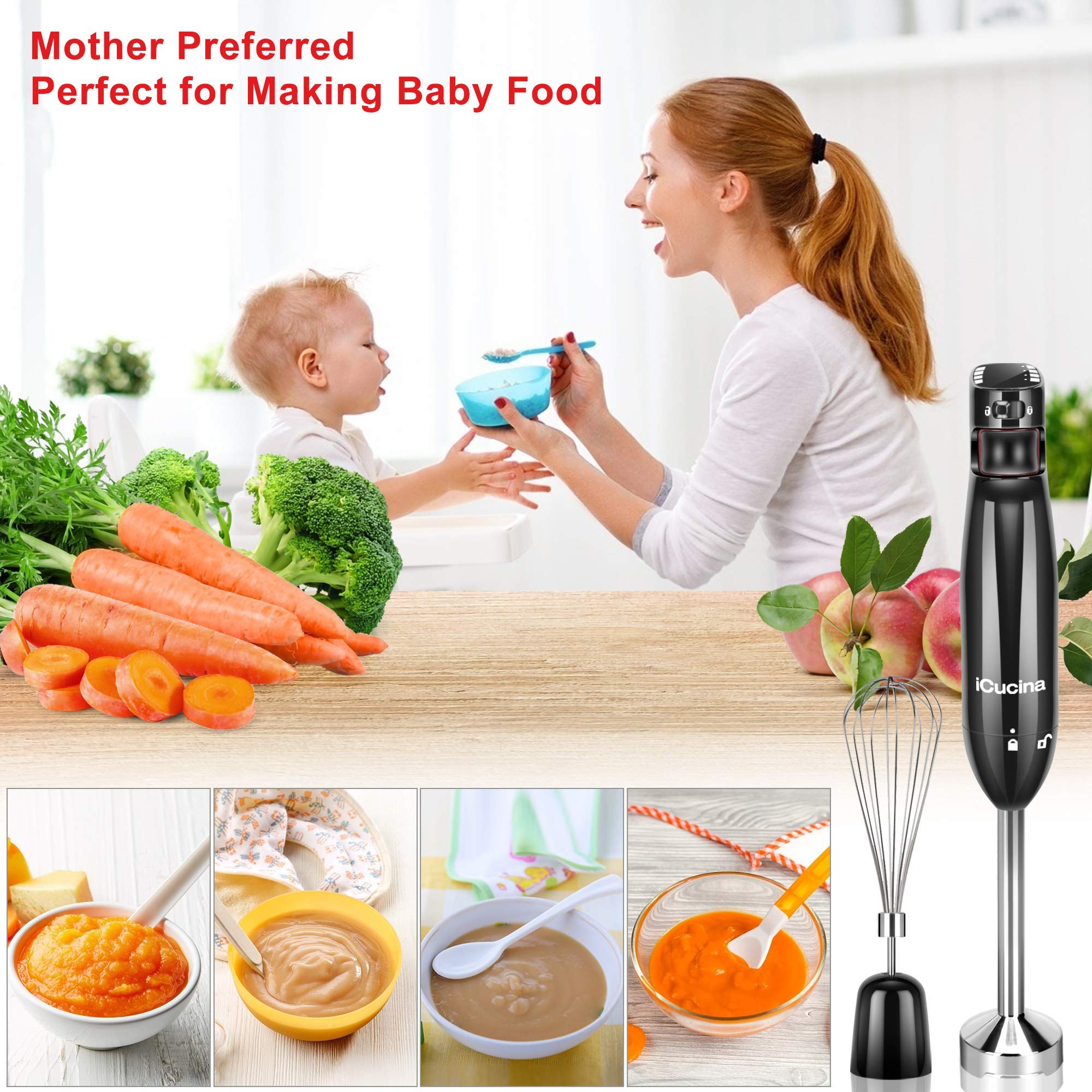 iCucina 4-in-1 Variable Speed Immersion Hand Blender - 400W Powerful DC Motor, One-Touch Control with Whisk, Beaker & Chopper Attachments - Perfect for Smoothies, Soups, Baby Food & Baking - Black