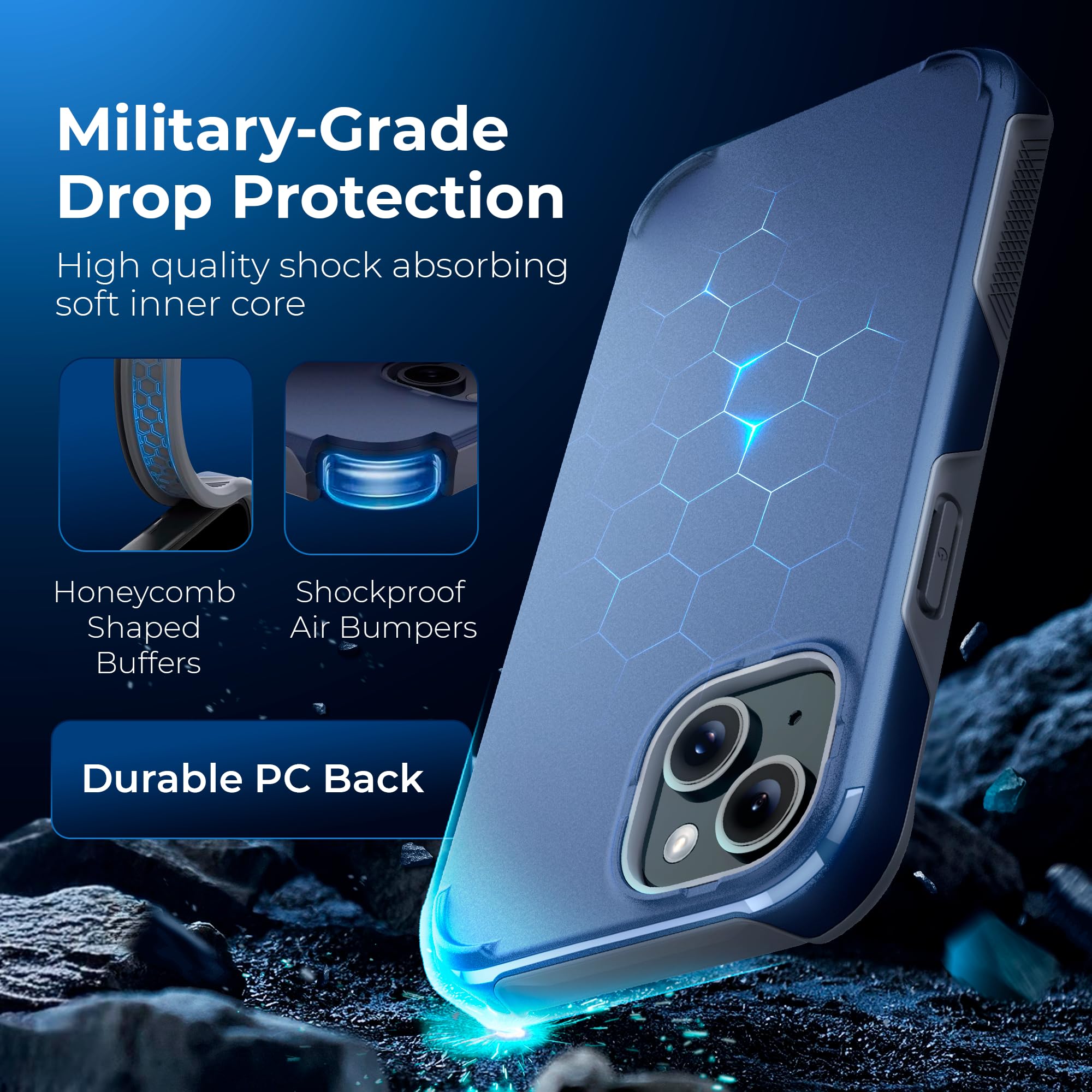 Shockproof Hybrid Rugged Protective Case for iPhone 15/14 - MagSafe Compatible, Heavy-Duty Drop Protection, Non-Slip Grip, Magnetic Phone Cover (Dark Blue) | Perfect for Outdoor Activities, Work & Daily Use