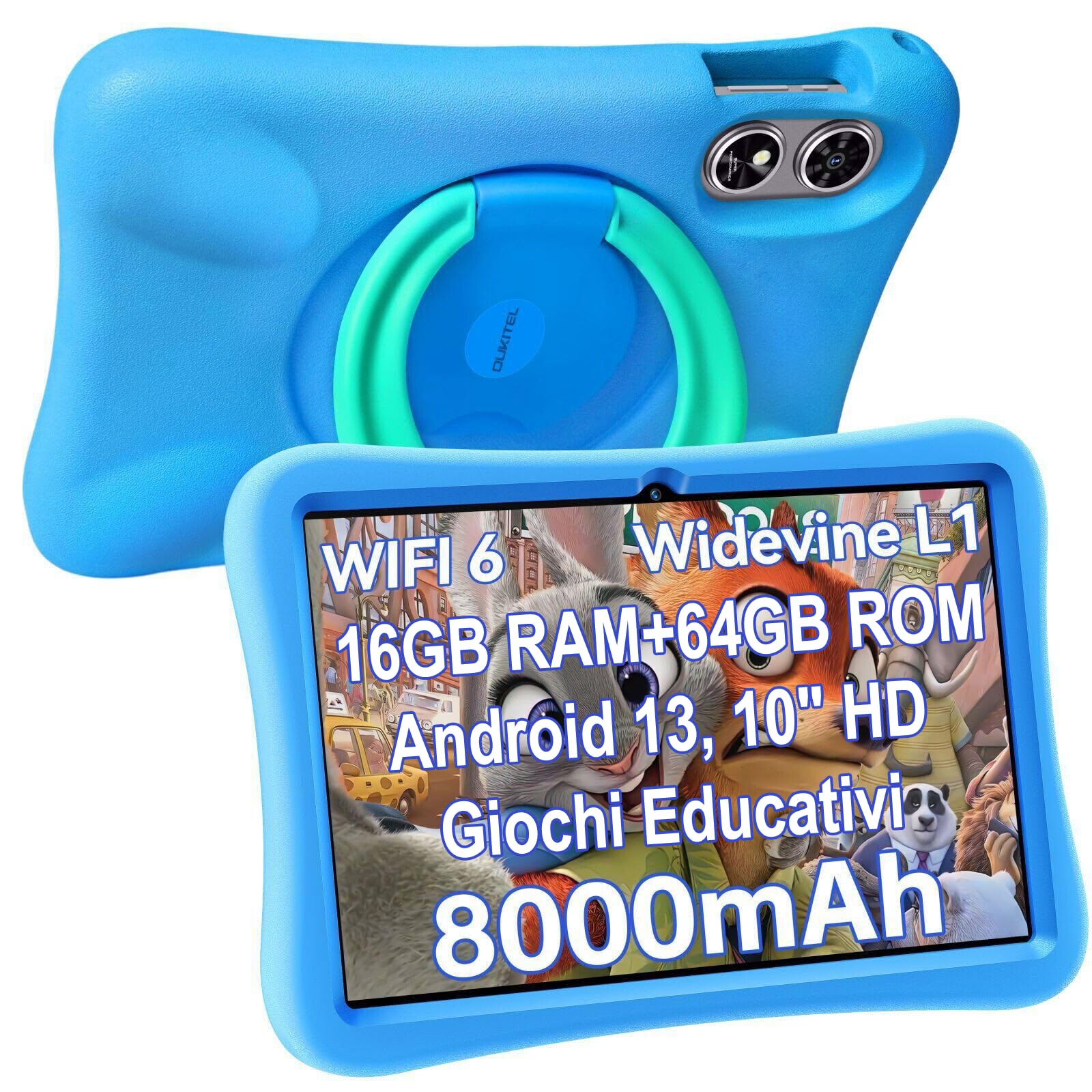 OUKITEL OT6 Kids Tablet - 10 Inch HD Display, 16GB RAM + 64GB ROM, Android 13, 8000mAh Battery with Parental Control | Bluetooth 5.0, Preloaded Educational Games, Durable Blue Design - Perfect for Learning, Entertainment & Travel