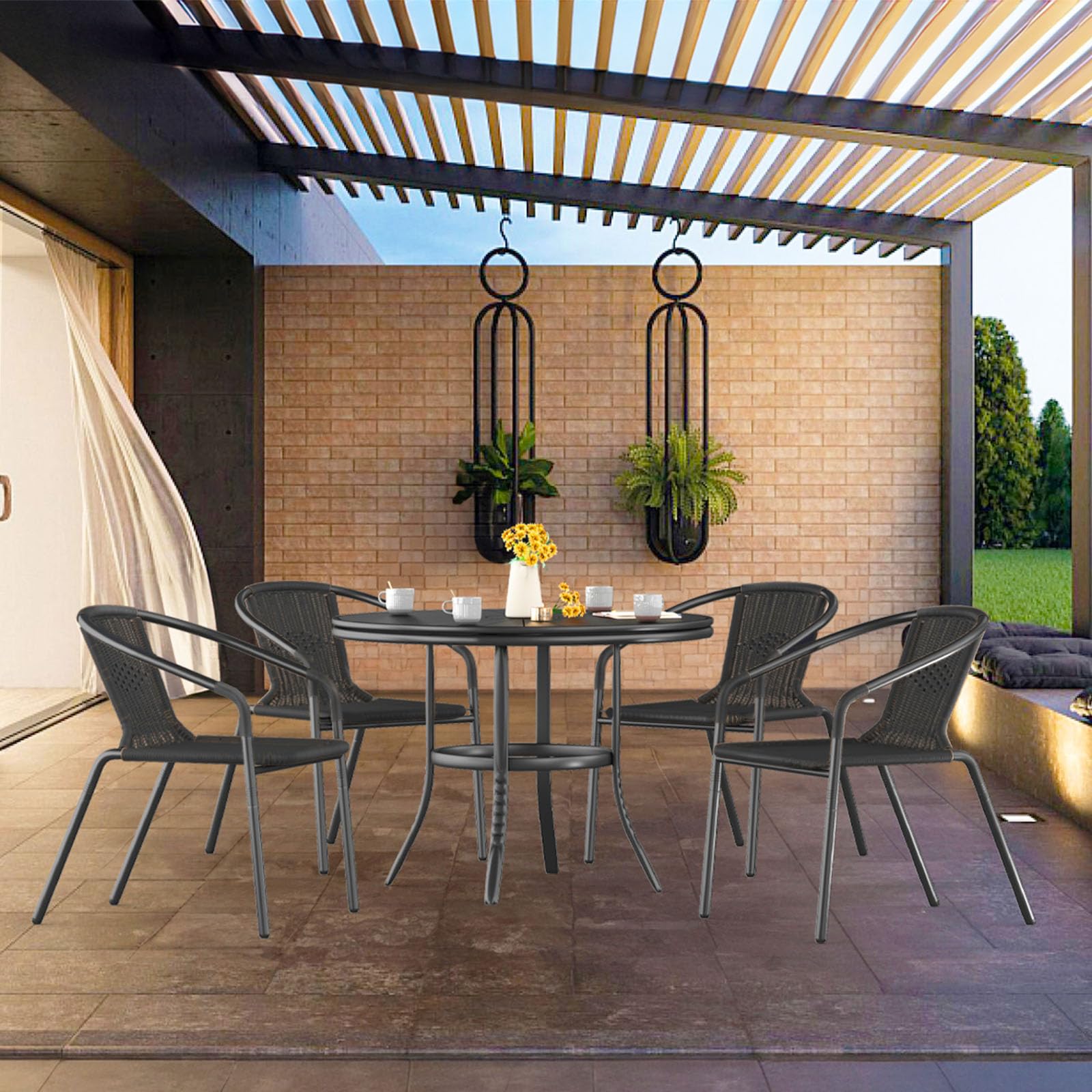 Amopatio 4-Piece Outdoor Dining Chairs Set - Black Wicker Patio Chairs with Sturdy Metal Frame, Rattan Indoor/Outdoor Stackable Chairs for Bistro, Deck, Yard, Porch, Restaurant | Perfect for Backyard BBQs, Poolside Lounging & Outdoor Entertaining