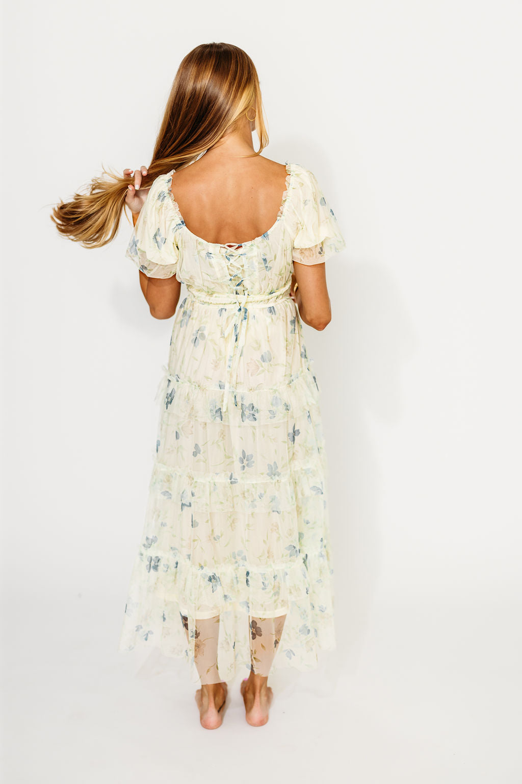 Martha Puff Sleeve Midi Dress in Ivory - Elegant Floral Print Women's Summer Dress for Wedding, Party & Vacation | Breathable Cotton Blend A-Line Dress