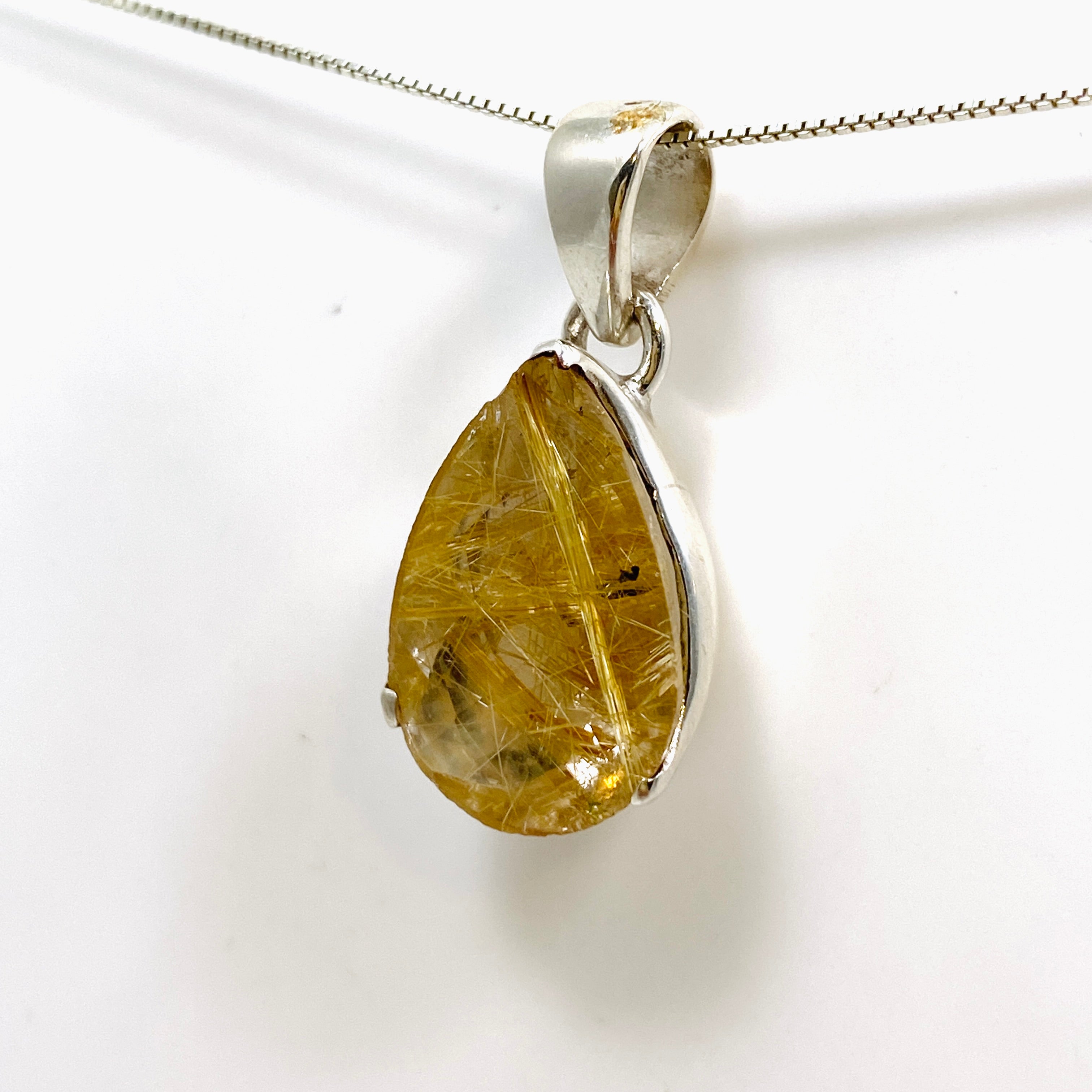 Golden Rutile Quartz Teardrop Faceted Pendant Necklace - Natural Gemstone Jewelry for Women - Perfect for Gifts, Meditation & Spiritual Healing