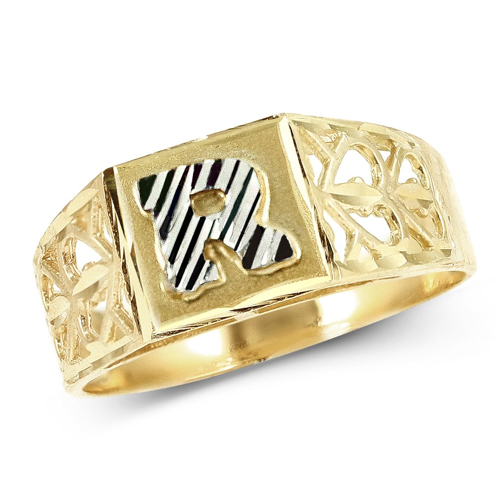 10K Yellow Gold Diamond Cut Alphabet Initial Ring for Women - Block Lettering (R) | Personalized Jewelry Gift for Her, Birthday, Anniversary, Valentine's Day