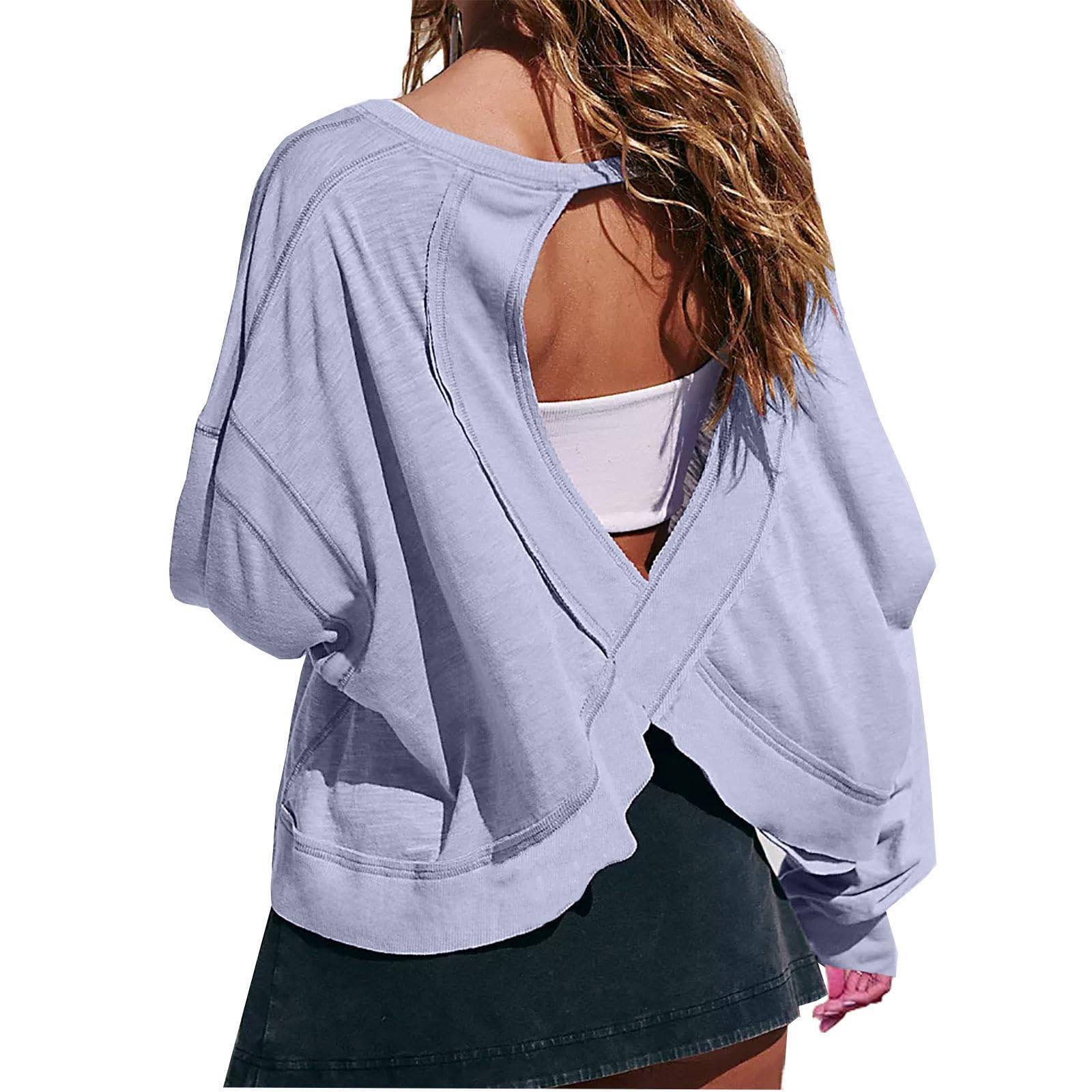2024 Y2K Preppy Women's Thumb Hole Long Sleeve Backless Crop Top - Oversized Crewneck Open Back Cross Blouse for Casual Wear & Street Fashion