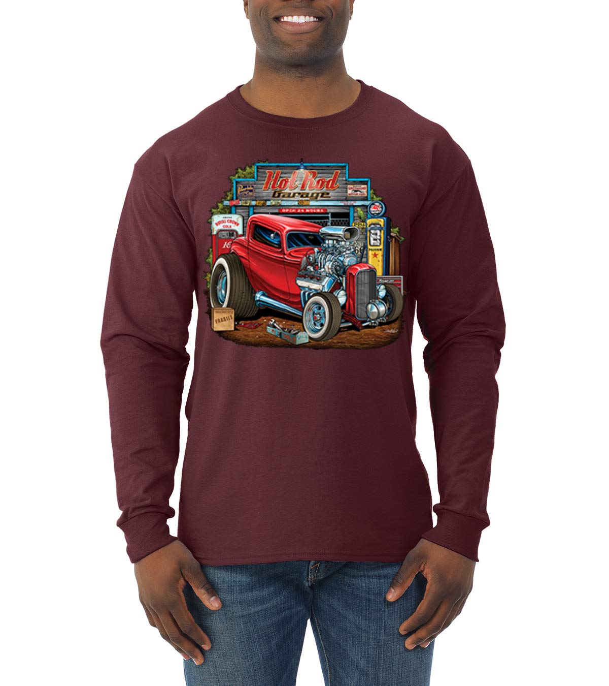 Vintage Hot Rod Old Garage Cars & Trucks Men's Long Sleeve T-Shirt - Retro Automotive Graphic Tee for Car Enthusiasts, Mechanics & Classic Vehicle Lovers - Perfect for Car Shows, Garage Hangouts & Casual Wear