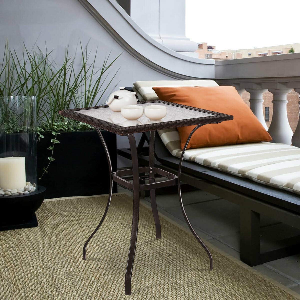 Rattan Bar Square Table with Glass Top & Steel Frame - Outdoor Bistro Table for Patio, Garden, Backyard - Perfect for Dining, Entertaining & Relaxing