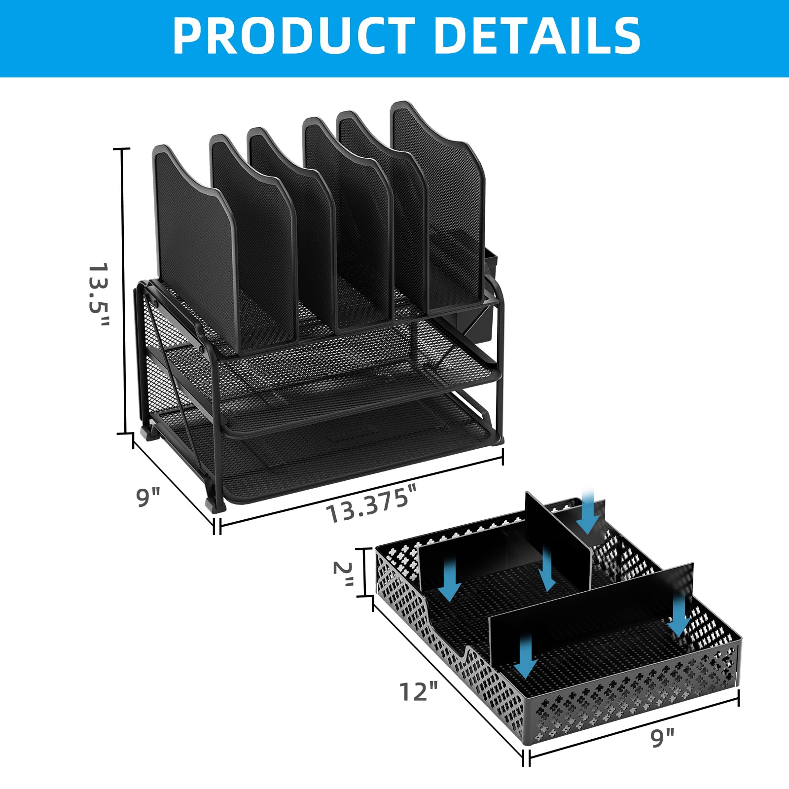 Trending Mesh Desk File Organizer - Black Office Supplies with Sliding Drawer, Double Tray & 5 Upright Sections for Document Storage | Perfect for Home Office, Study Desk & Workspace Organization