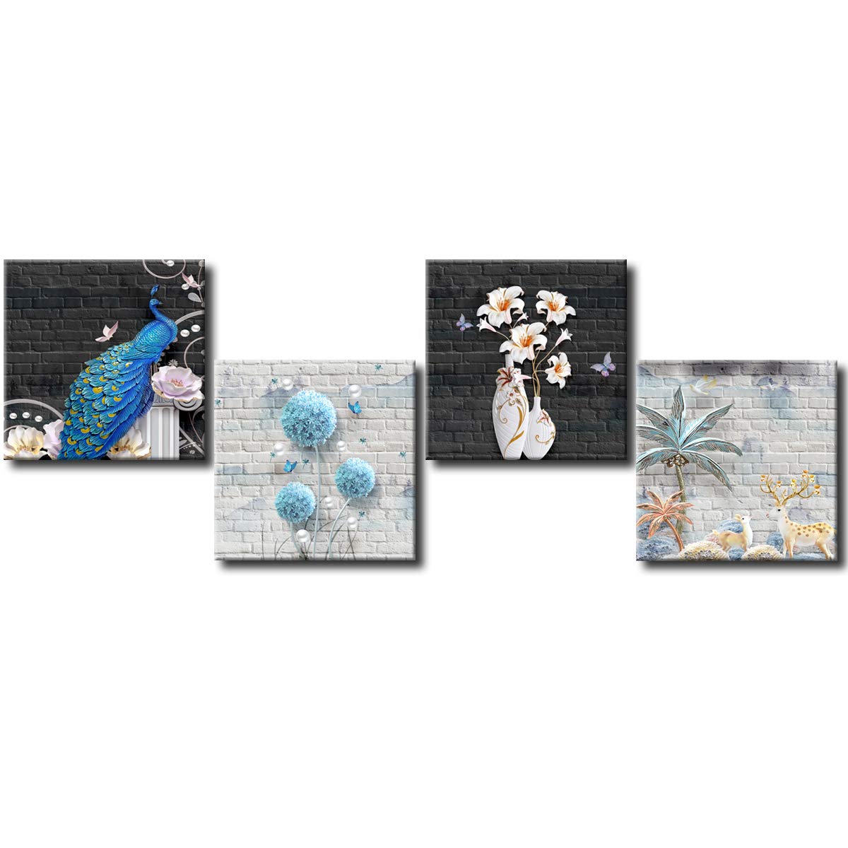 Modern Abstract Canvas Wall Art - 4 Panels Flower & Animal Painting Print, Framed & Ready to Hang for Living Room Decor | Perfect for Home, Office & Bedroom Wall Decoration