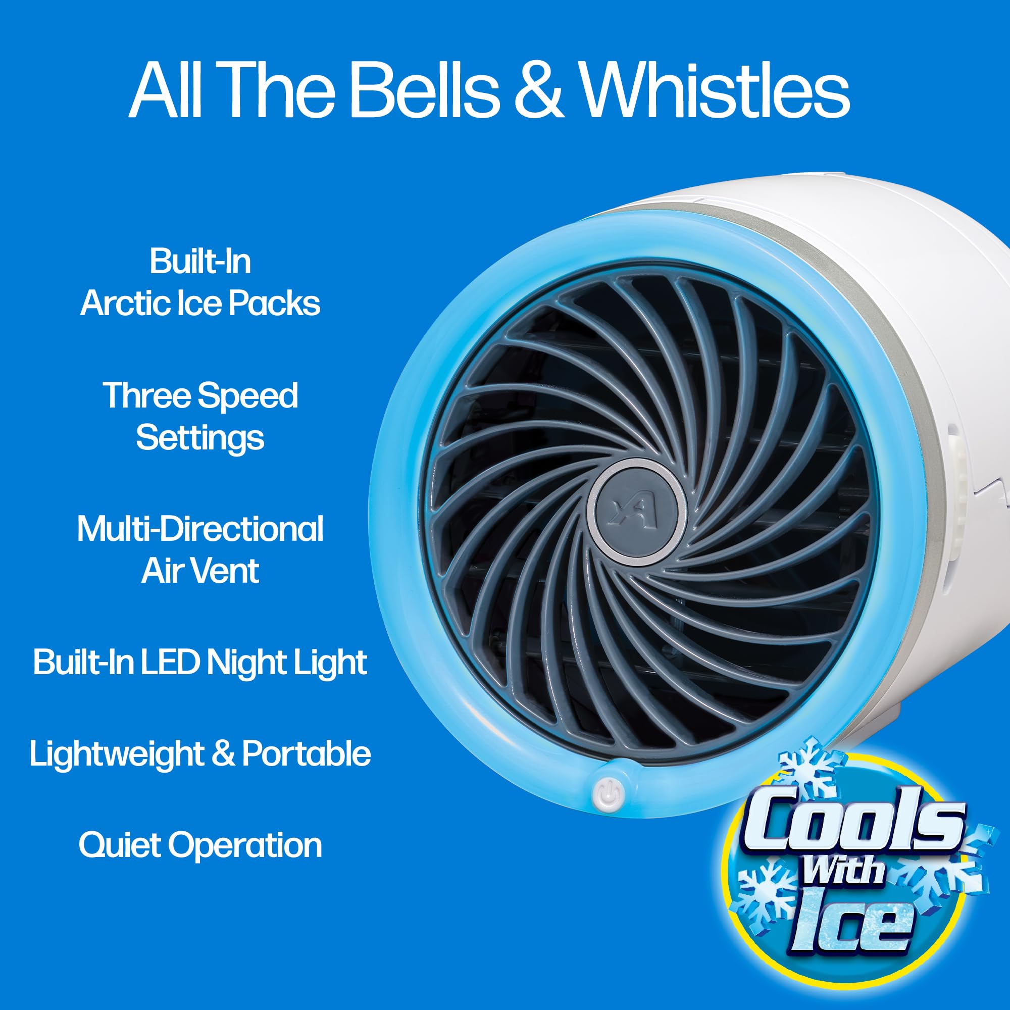 Arctic Air Ice Jet Personal Air Cooler - 3-Speed Portable Cooler with Reusable Ice Packs, Multi-Directional Vent & 7 LED Lights - Ultra Quiet Room Cooler for Home, Office, Bedroom and Outdoor Use