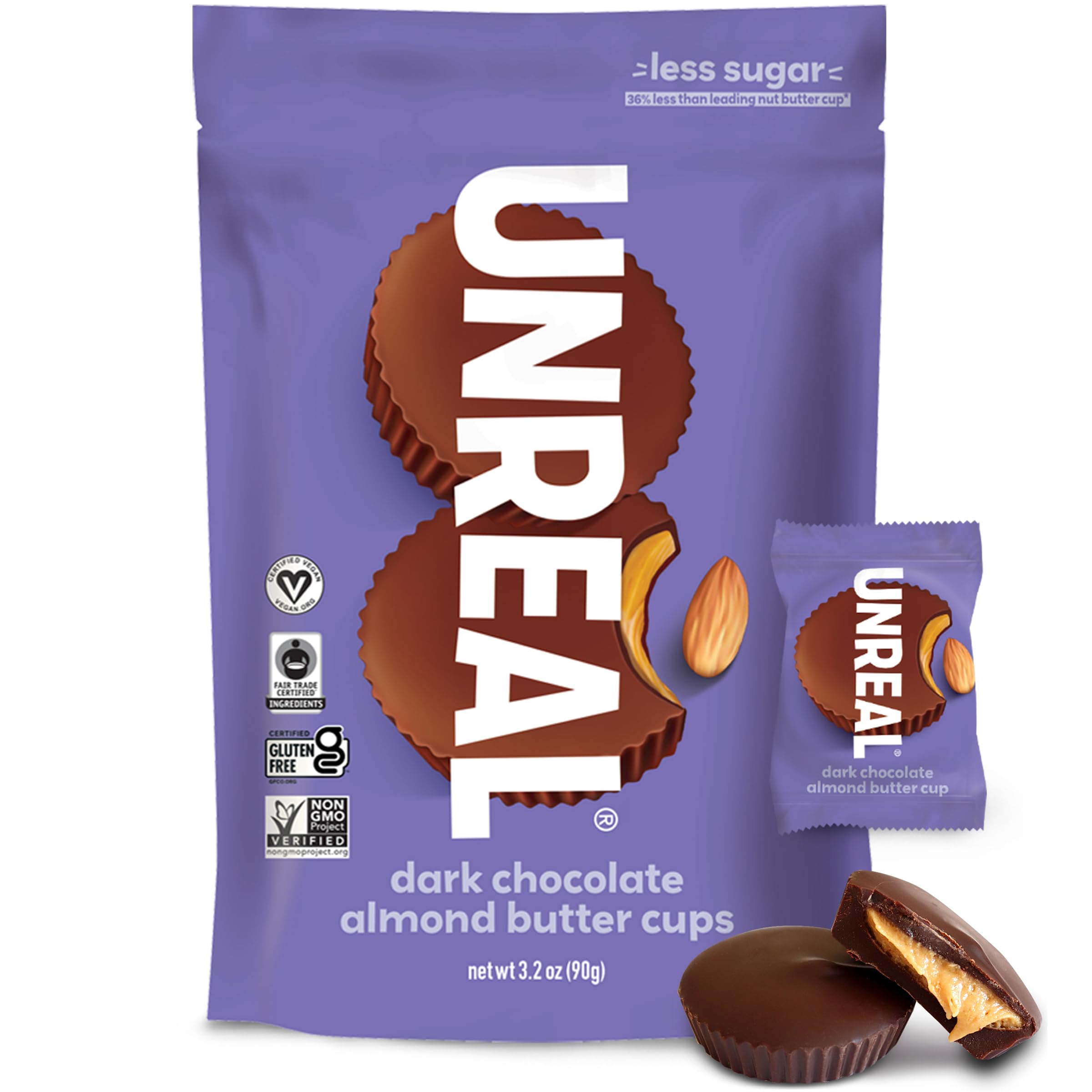 UNREAL Dark Chocolate Almond Butter Cups 6 Pack (3.2 oz) - Healthy Vegan Snacks for Office, Travel & Gifts - Gluten Free, Non-GMO, Low Sugar Treats