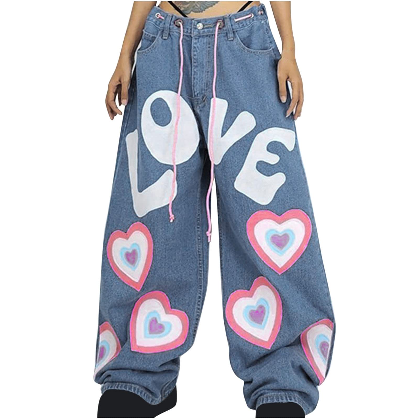 SMIDOW Women's High Waisted Star & Heart Print Denim Jeans - Y2K Vintage Straight Leg Baggy Cargo Pants for Casual Wear & Street Style Fashion