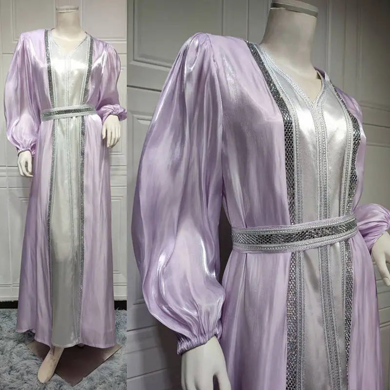 Elegant 2-Piece Eid Dress Set - Hotfix Rhinestone Satin Open Abaya Kaftan with Matching Sleeveless Inner Dress | Perfect for Eid Celebrations, Weddings & Special Occasions