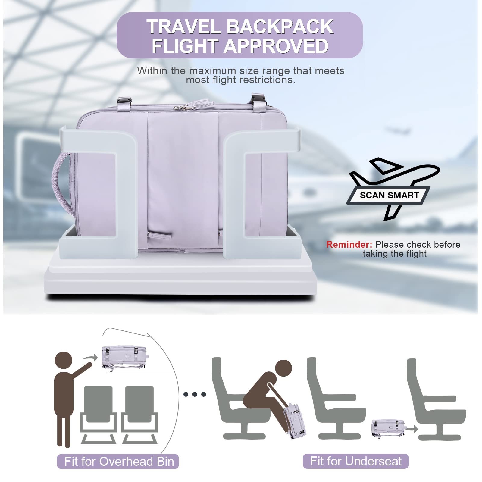 Coofay Flight Approved Carry On Backpack - Waterproof Travel Backpack for Women, Airline Approved Personal Item, Lightweight Daypack for Hiking, Sports & Casual Use - Perfect for Commuting, Business Trips & Weekend Getaways (Purple)