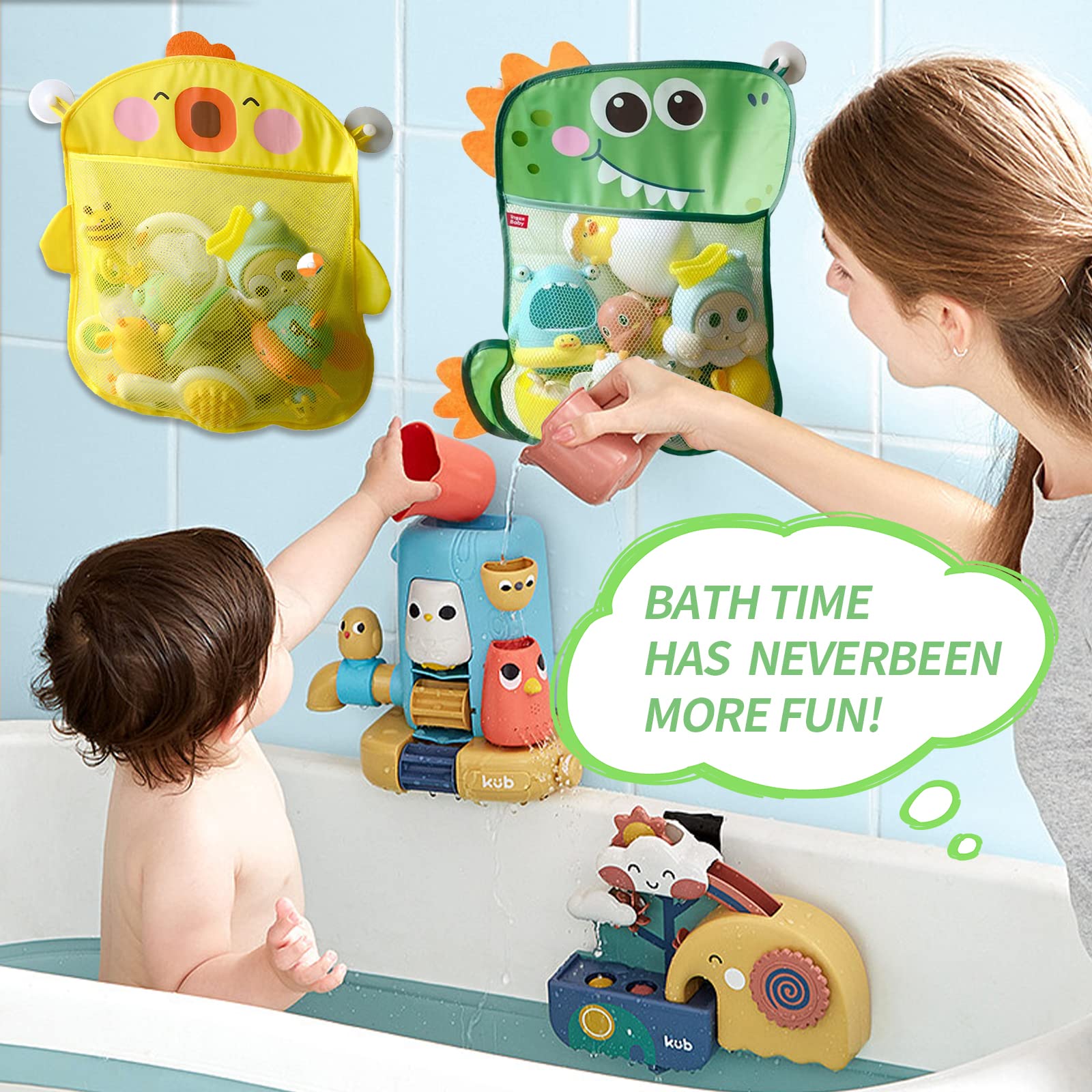 2 Pack Duck & Dinosaur Mesh Bath Toy Organizer with 8 Strong Hooks - Waterproof Shower Storage Net for Kids Bath Toys - Perfect Toddler Bathtub Organizer (1-3 Years) for Bathroom, Nursery & Daycare Use