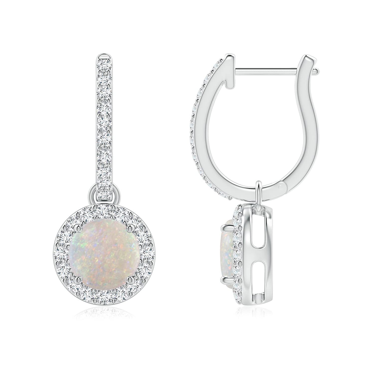Angara Round Opal Dangle Earrings with Diamond Halo - 1 Carat AA Quality Opal & Diamond Jewelry for Women | Perfect for Weddings, Parties & Special Occasions
