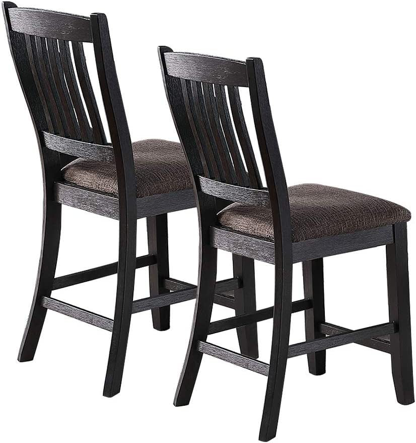 Dark Wooden Counter Height Bar Stools Set of 2 - Classic Coffee Finish Fabric Upholstered Seats with Unique Back Design - Perfect for Kitchen Islands, Breakfast Nooks & Dining Rooms