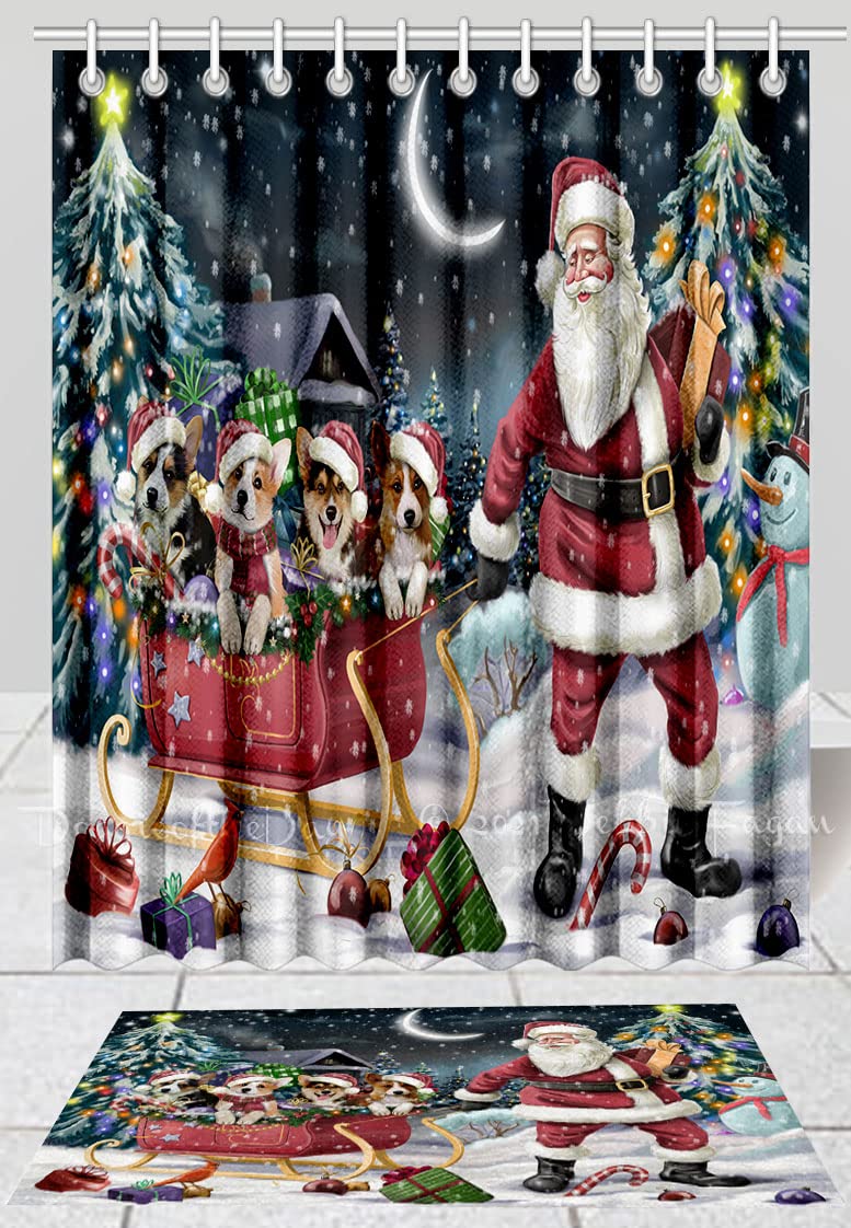 Corgi Dogs Christmas Santa Sled Shower Curtain & Bath Mat Set - Anti-Slip Bathroom Decor, Plush Rug, Polyester Bathtub Curtain with Hooks (Bath Mat 20