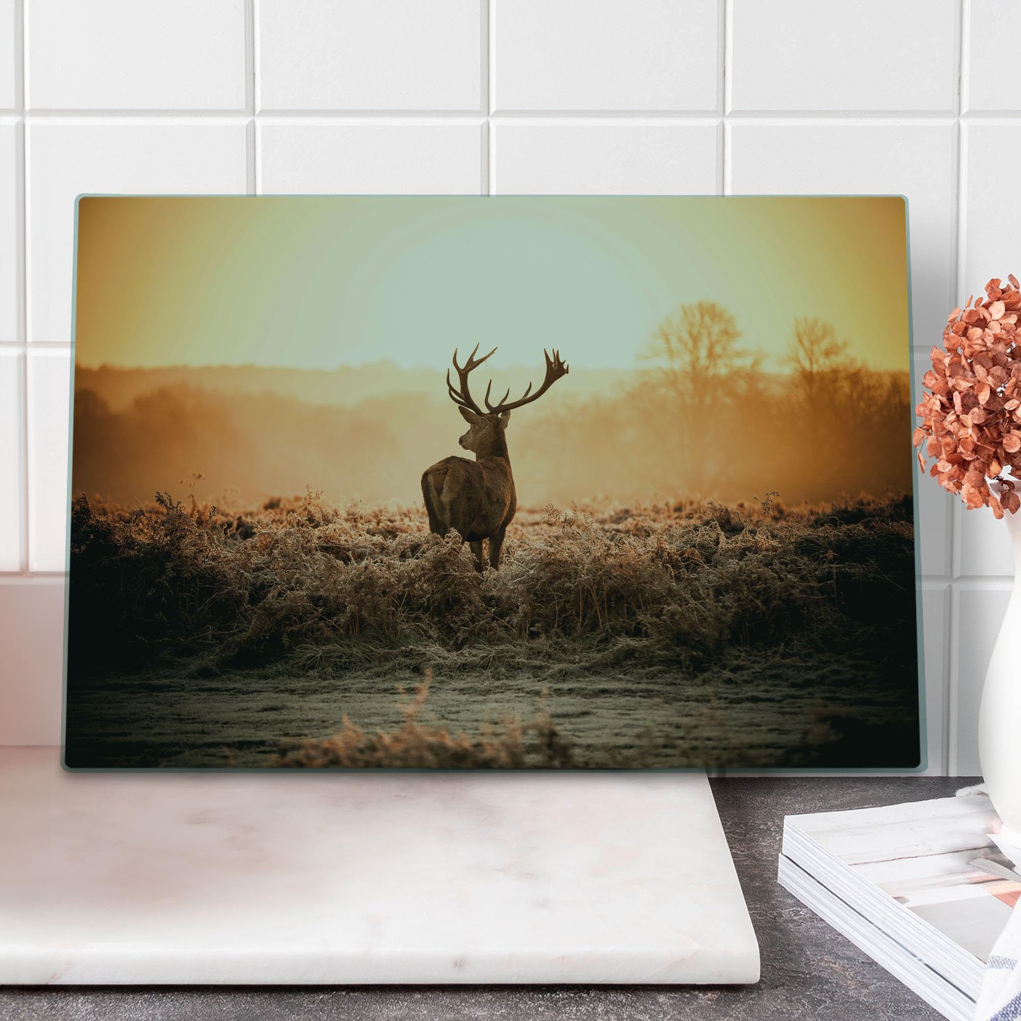Ambesonne Hunting Themed Cutting Board - Red Deer in Morning Sun Wilderness Nature Scenery - Tempered Glass Serving Board for Kitchen & Dining - Large Size Brown Orange - Perfect for Outdoor Enthusiasts & Rustic Home Decor