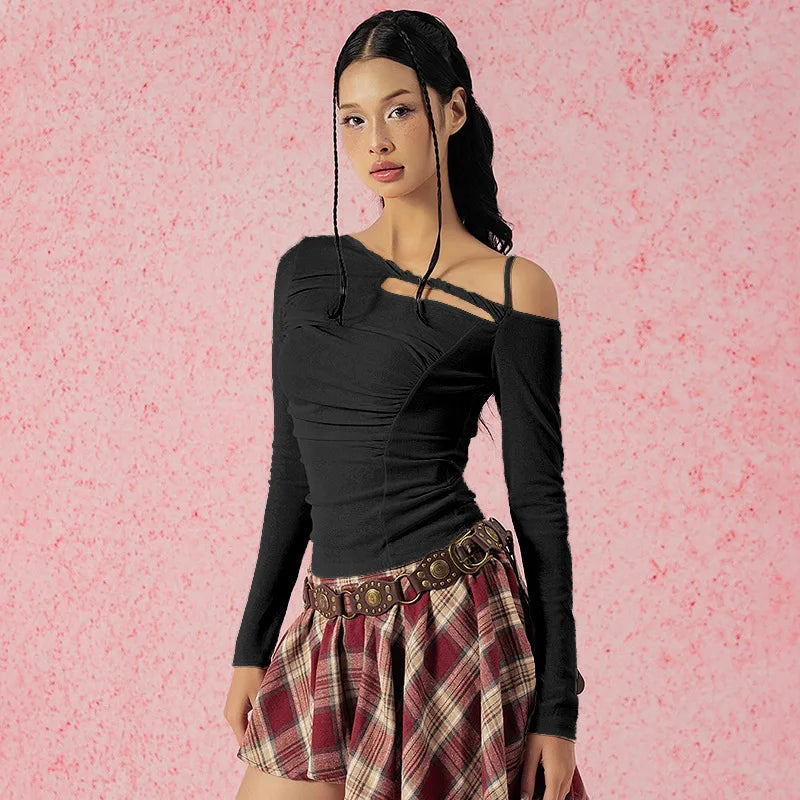 Trending 2024 Women's Asymmetrical Hollow Out One Shoulder Long Sleeve T-Shirt - Stylish Twisted Design for Casual Wear, Night Out & Fashion Events