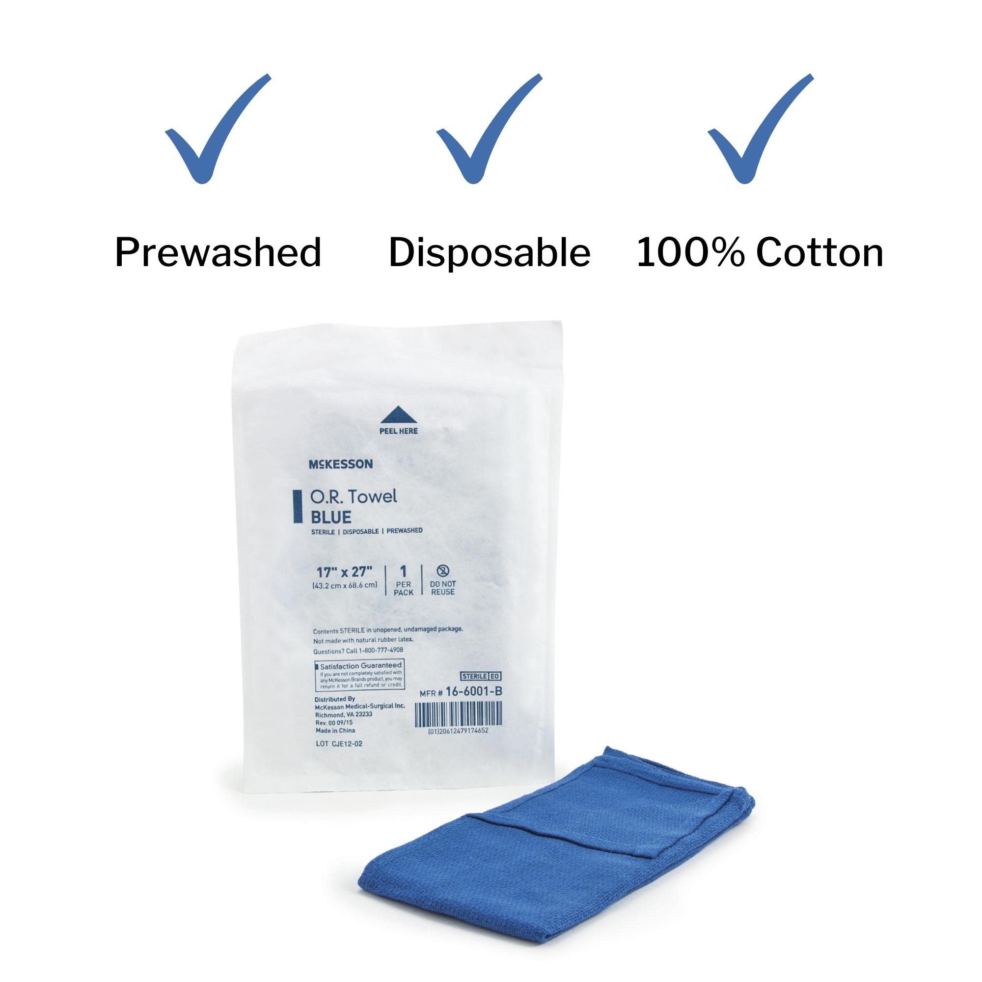 McKesson Sterile Disposable O.R. Towels - Pre-Washed Cotton Plain Weave, Blue, 17