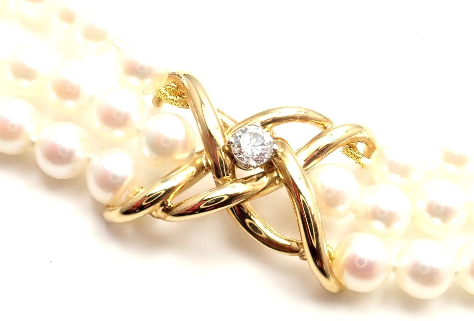 Authentic Tiffany & Co 18k Yellow Gold Diamond 3-Strand Pearl Necklace - Luxury Jewelry for Weddings, Anniversaries & Special Occasions