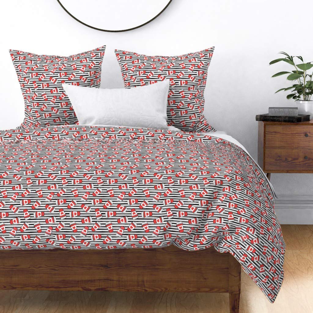 Custom Coffee Red Hearts Valentines Day Duvet Cover - King/California King Size Cotton Sateen Bedding with Black Stripes & Love Heart Print - Perfect for Romantic Bedroom Decor, Anniversary Gifts & Couples Retreat