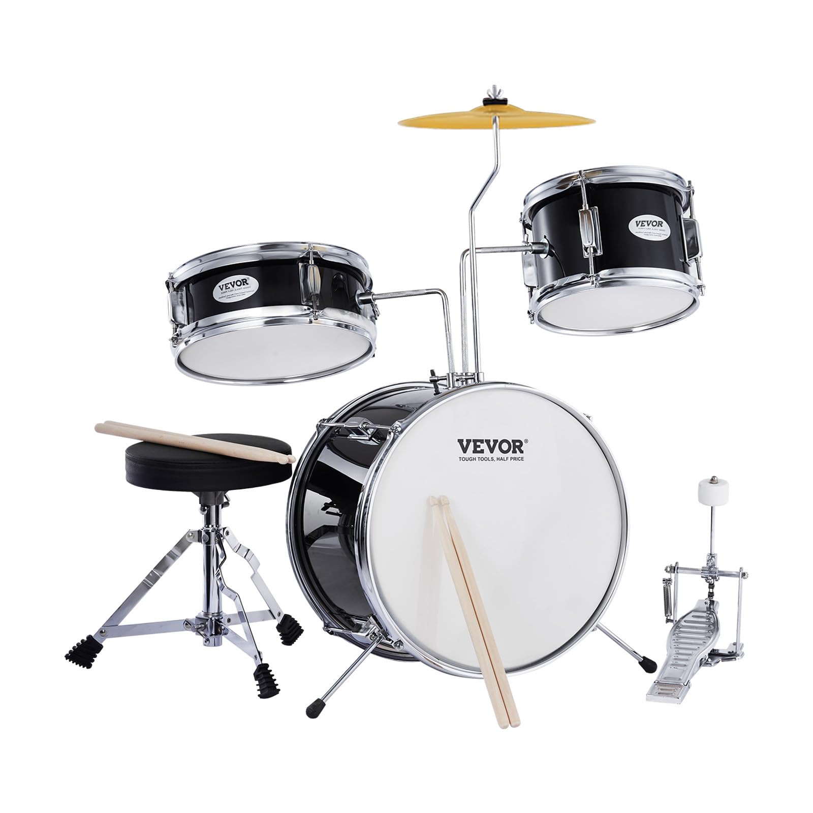 VEVOR Kids Drum Set 3-Piece Junior Beginner Drum Kit with Adjustable Throne, Sticks, Cymbal & Pedal - 14 Inch Black Tom Snare Bass Starter Drum Set for Children | Perfect for Home Practice, Music Lessons & Birthday Gifts