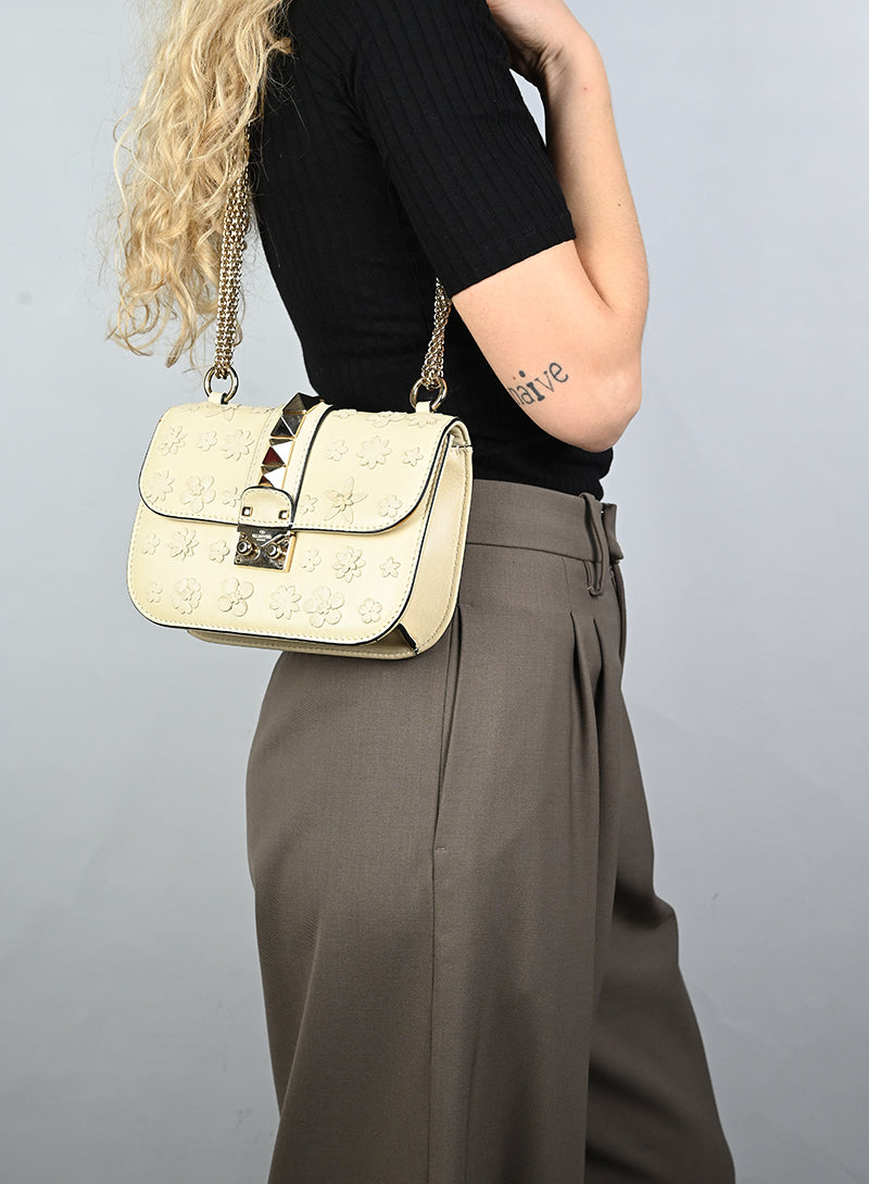 Valentino White Leather Handbag with Floral Design - Perfect for Women's Fashion, Parties & Special Occasions