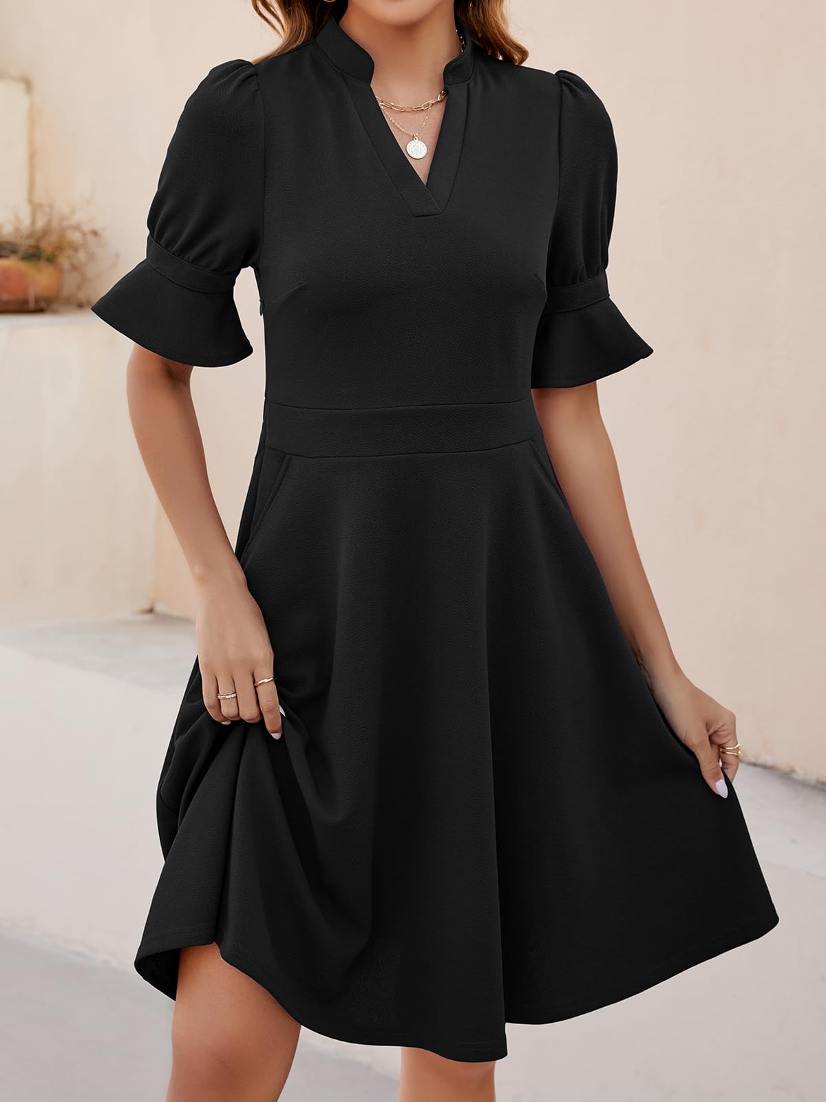 Mokayee Women's Summer V-Neck Ruffle Short Sleeve Fit and Flare Knee-Length Dress with Pockets - Perfect for Church, Wedding Guest, Party & Casual Occasions